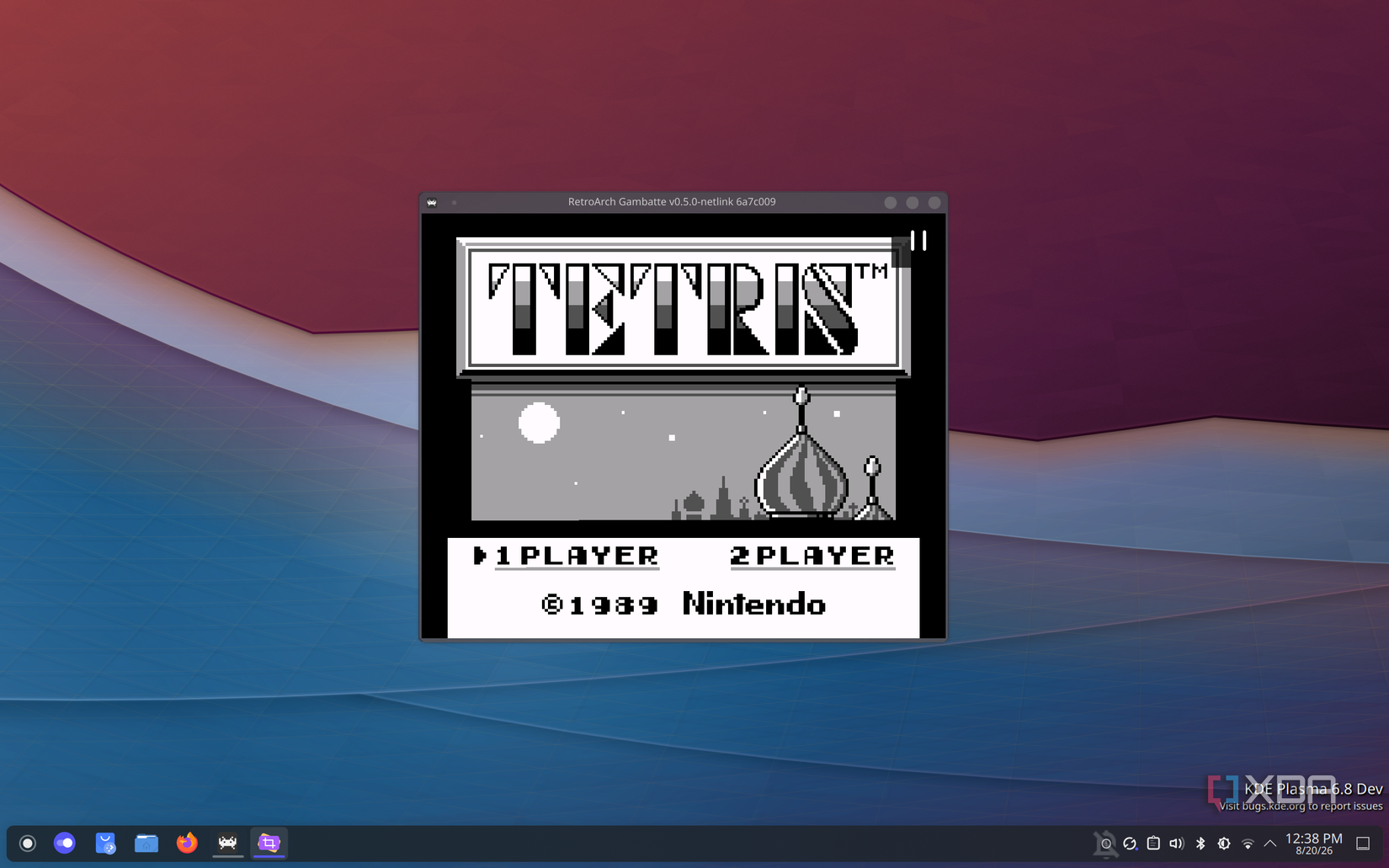 Screenshot of RetroArch running Tetris on the Game Boy, with options for choosing single- and two-player modes