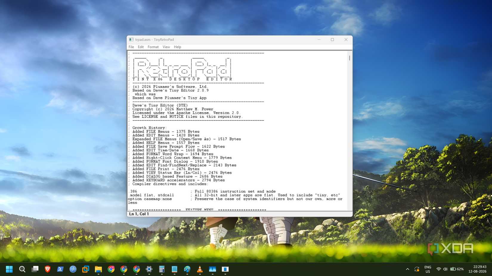 screenshot of tinyretropad file open
