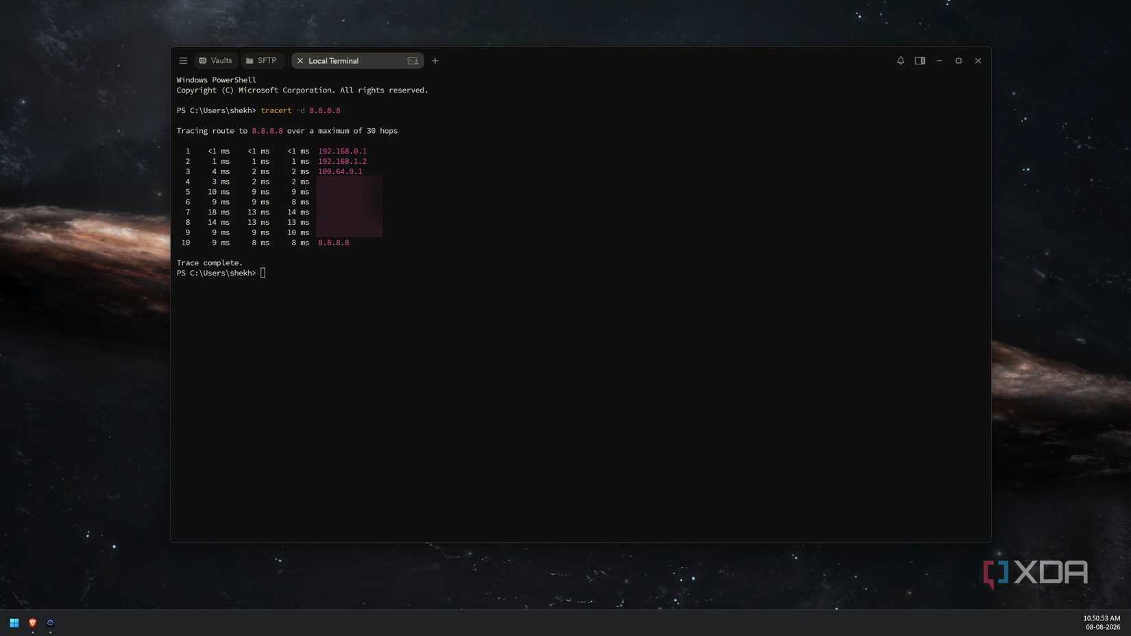 Terminal traceroute output showing a hop inside the 100.64.0.0/10 CGNAT range