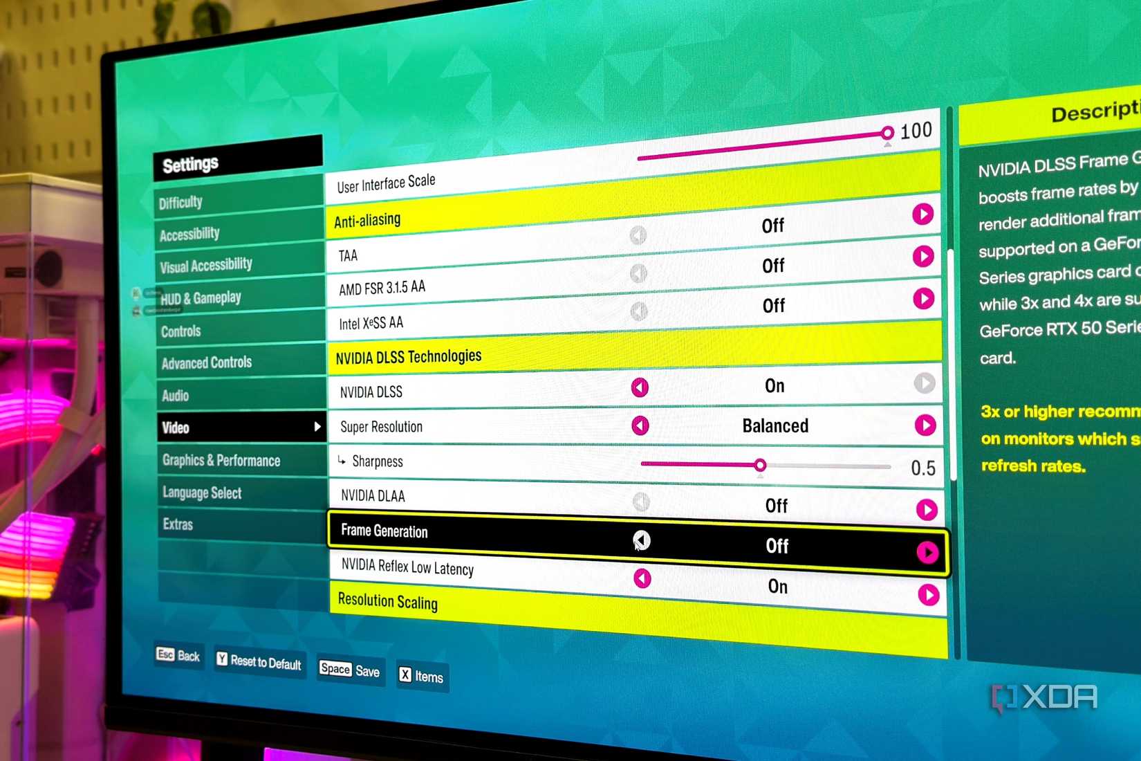 Turning on frame generation in Forza Horizon 6.