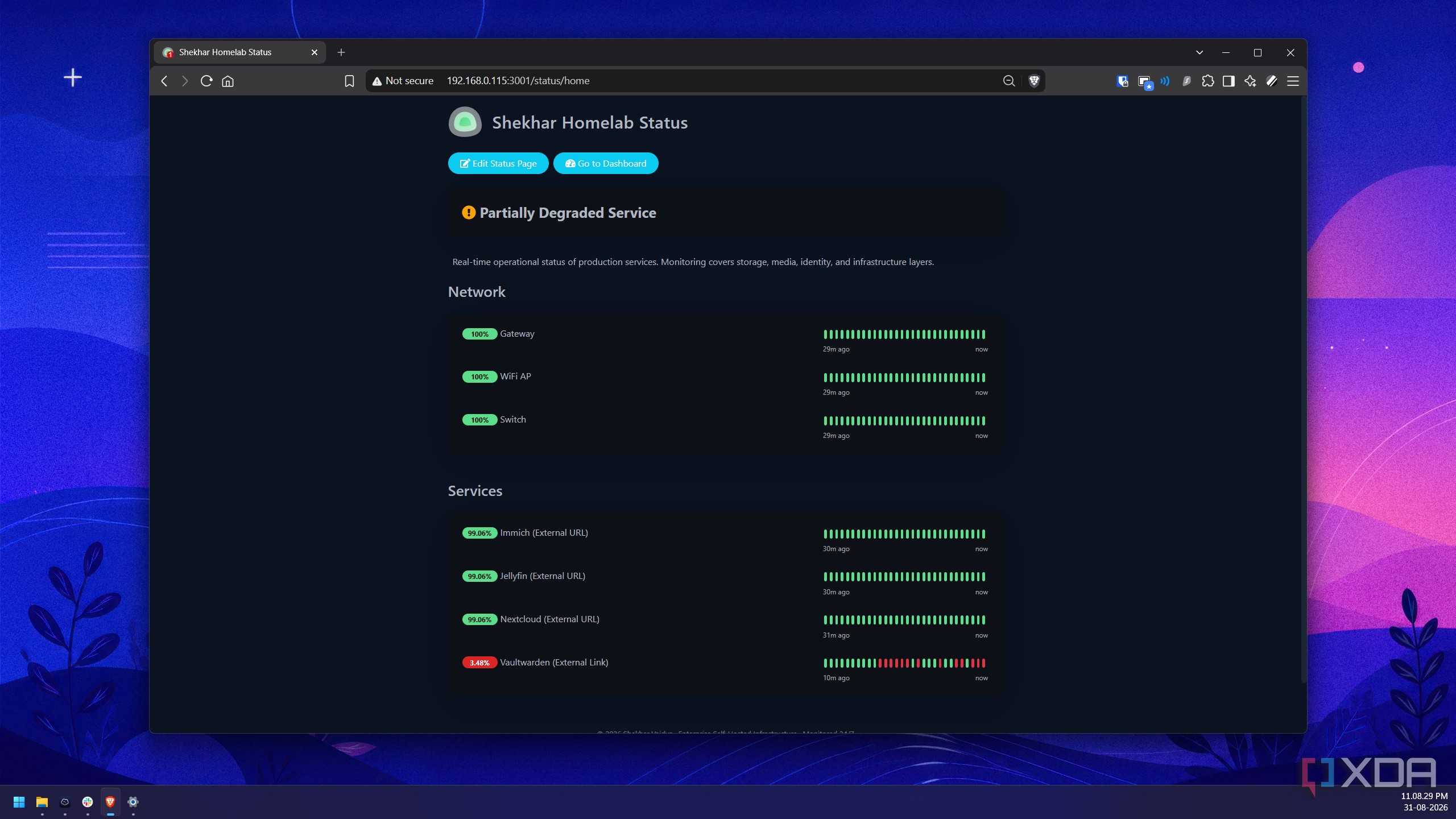 Homelab status page showing network and service uptime percentages, with one service flagged as degraded
