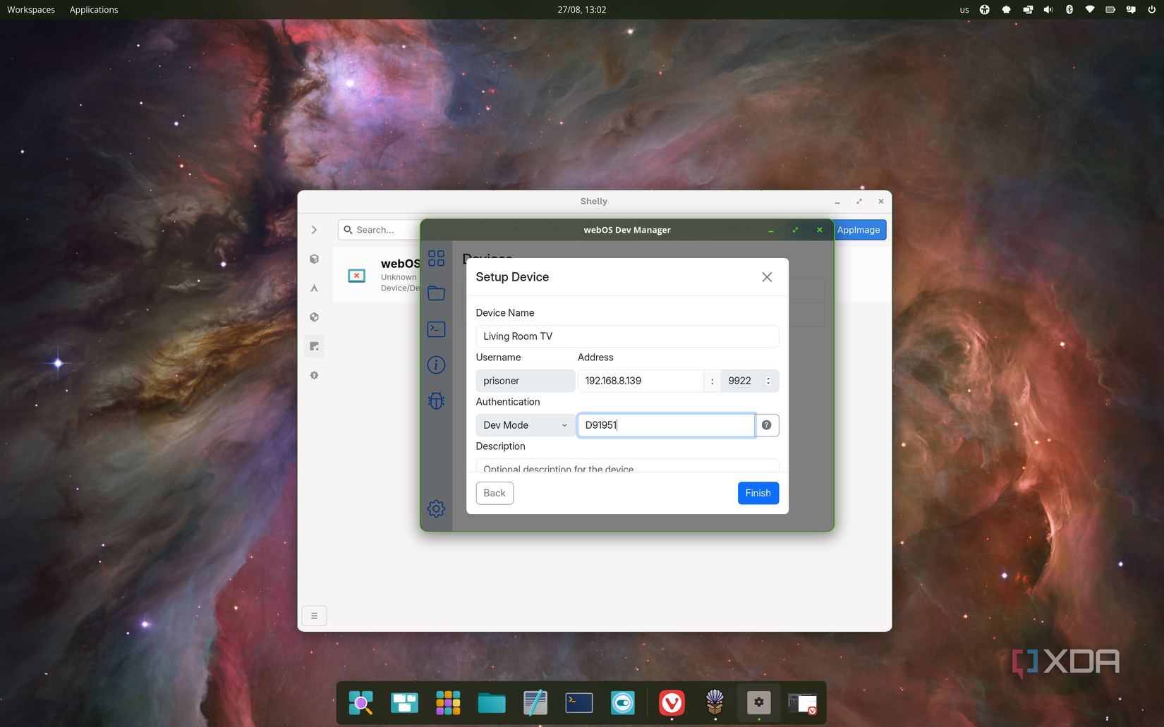 새 TV의 설정 창을 보여주는 Linux의 webOS Dev Manager 앱 스크린샷