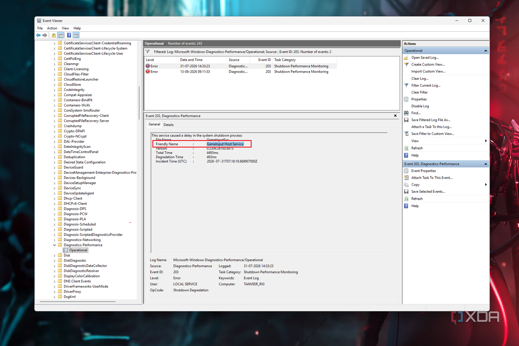 Скриншот средства просмотра событий Windows со списком служб, задерживающих выключение