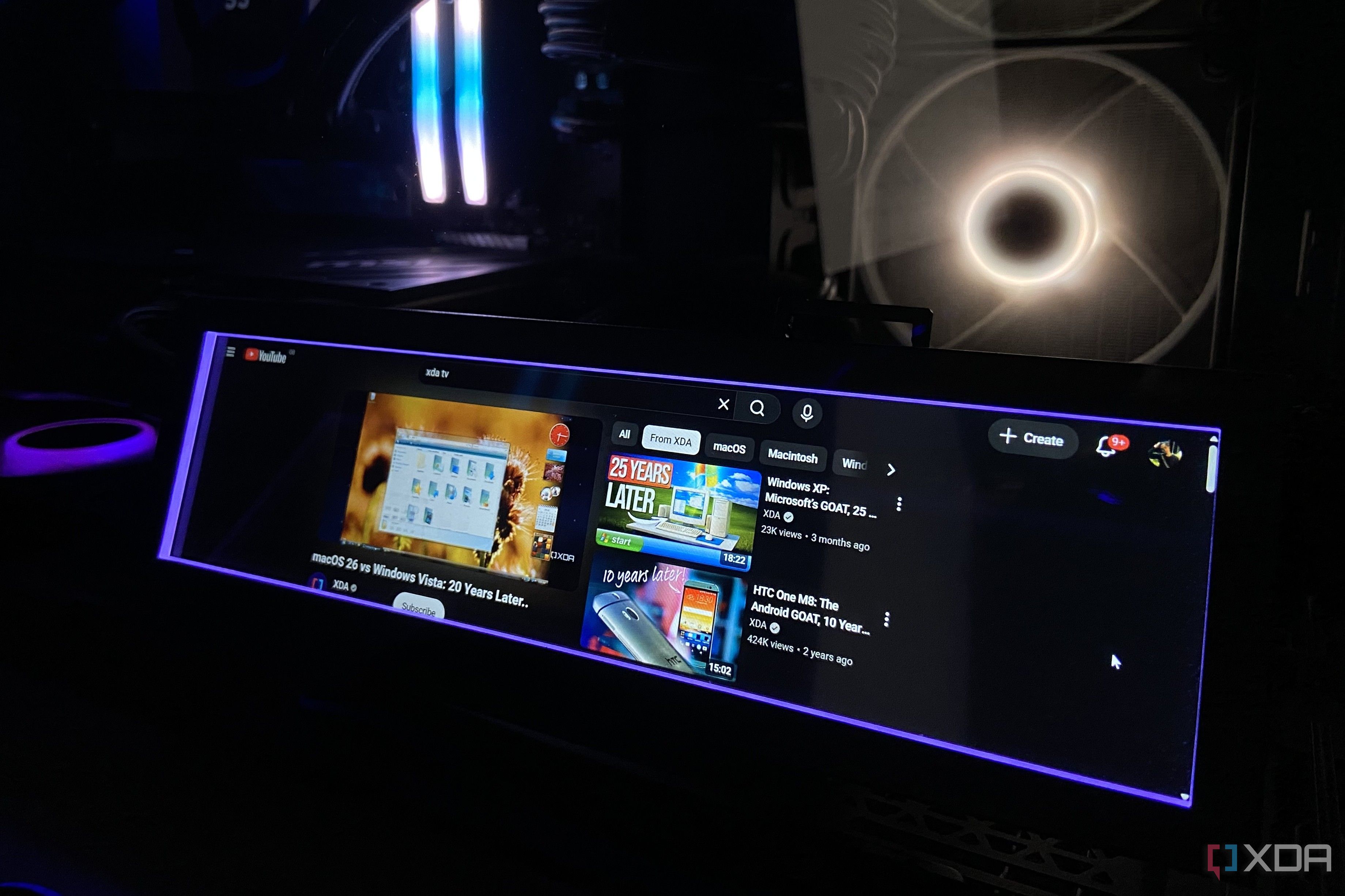 Lian Li 8.8-inch Universal Screen running XDA TV on YouTube.