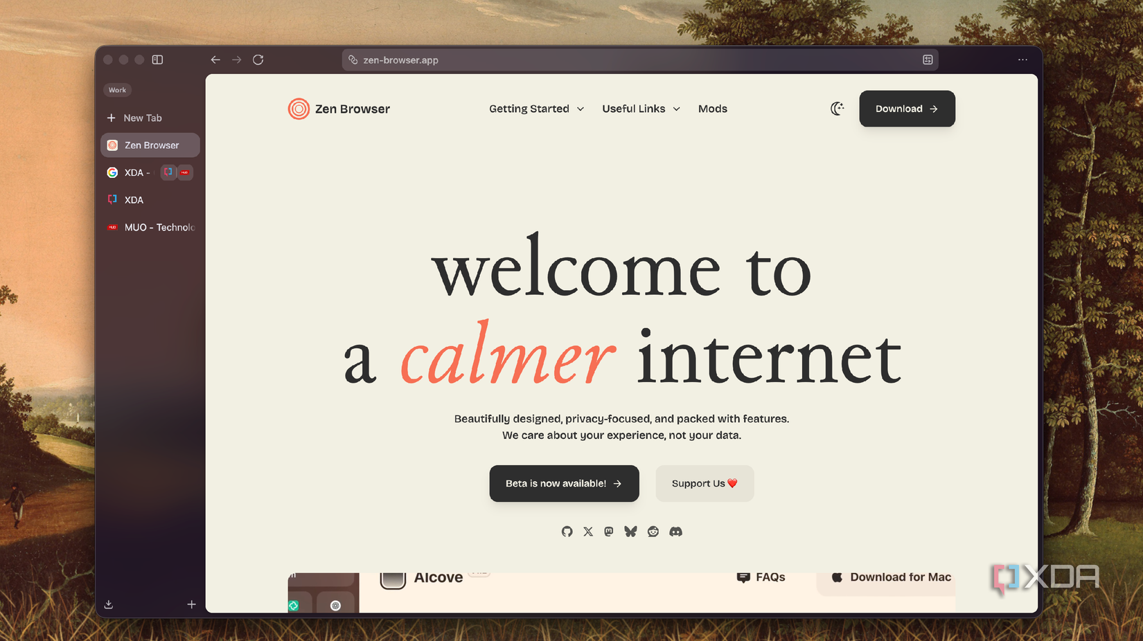 Zen Browser's website on Zen Browser