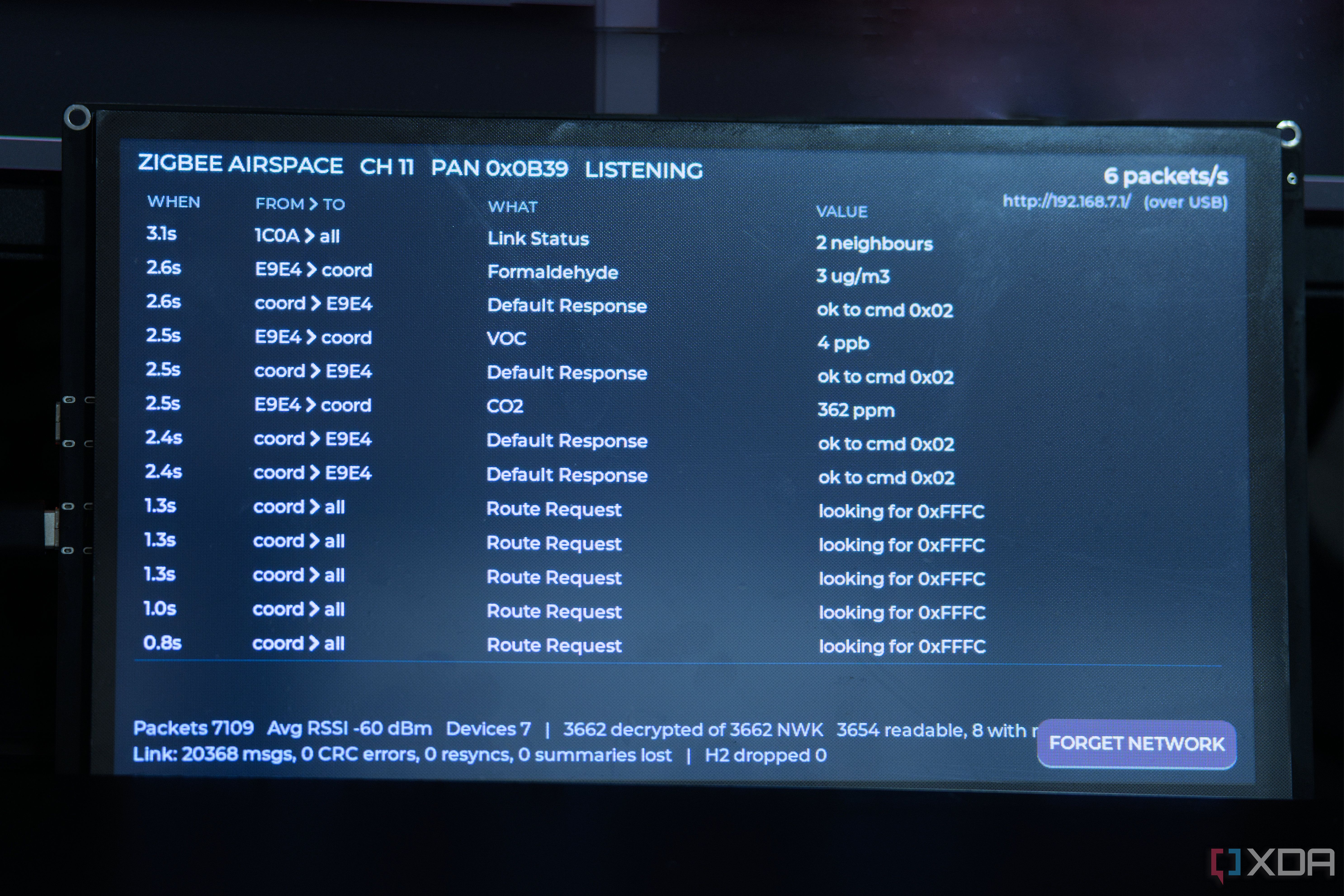 Zigbee Airspace on a display showing incoming Zigbee frames
