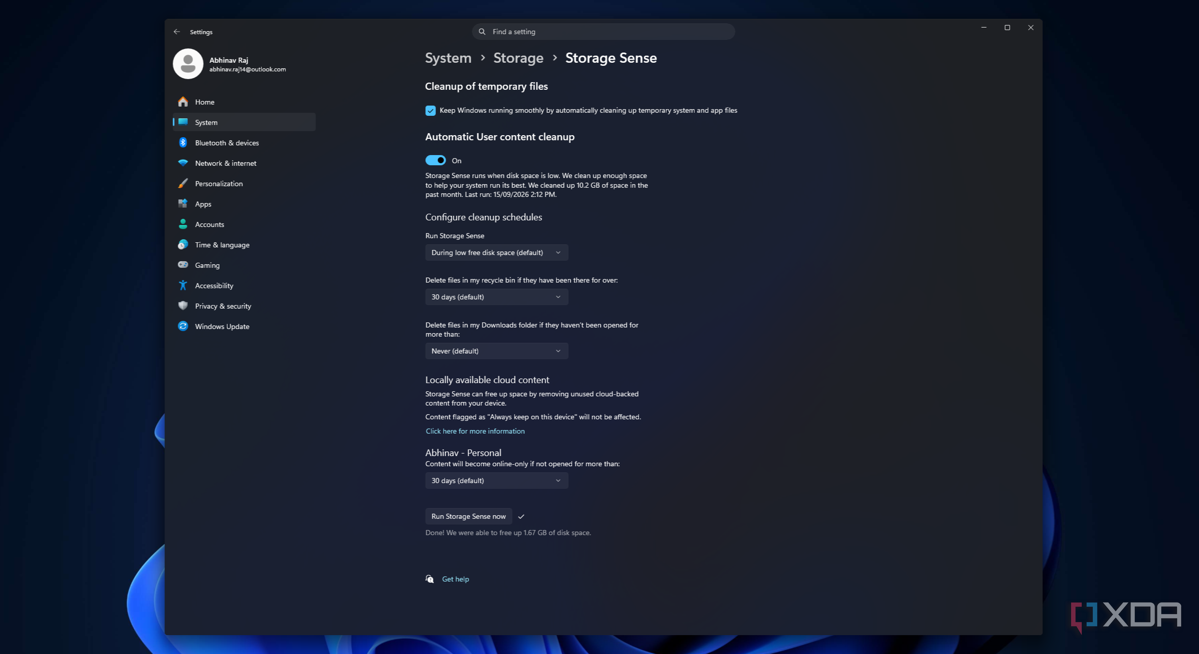 Параметры Storage Sense в Windows 11