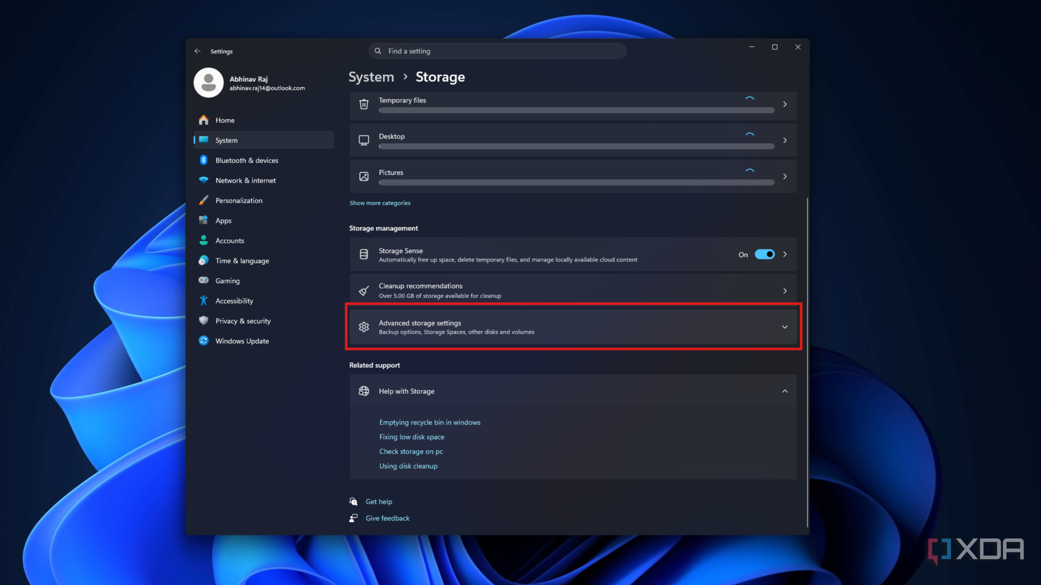Меню параметров хранения нового содержимого в Windows 11