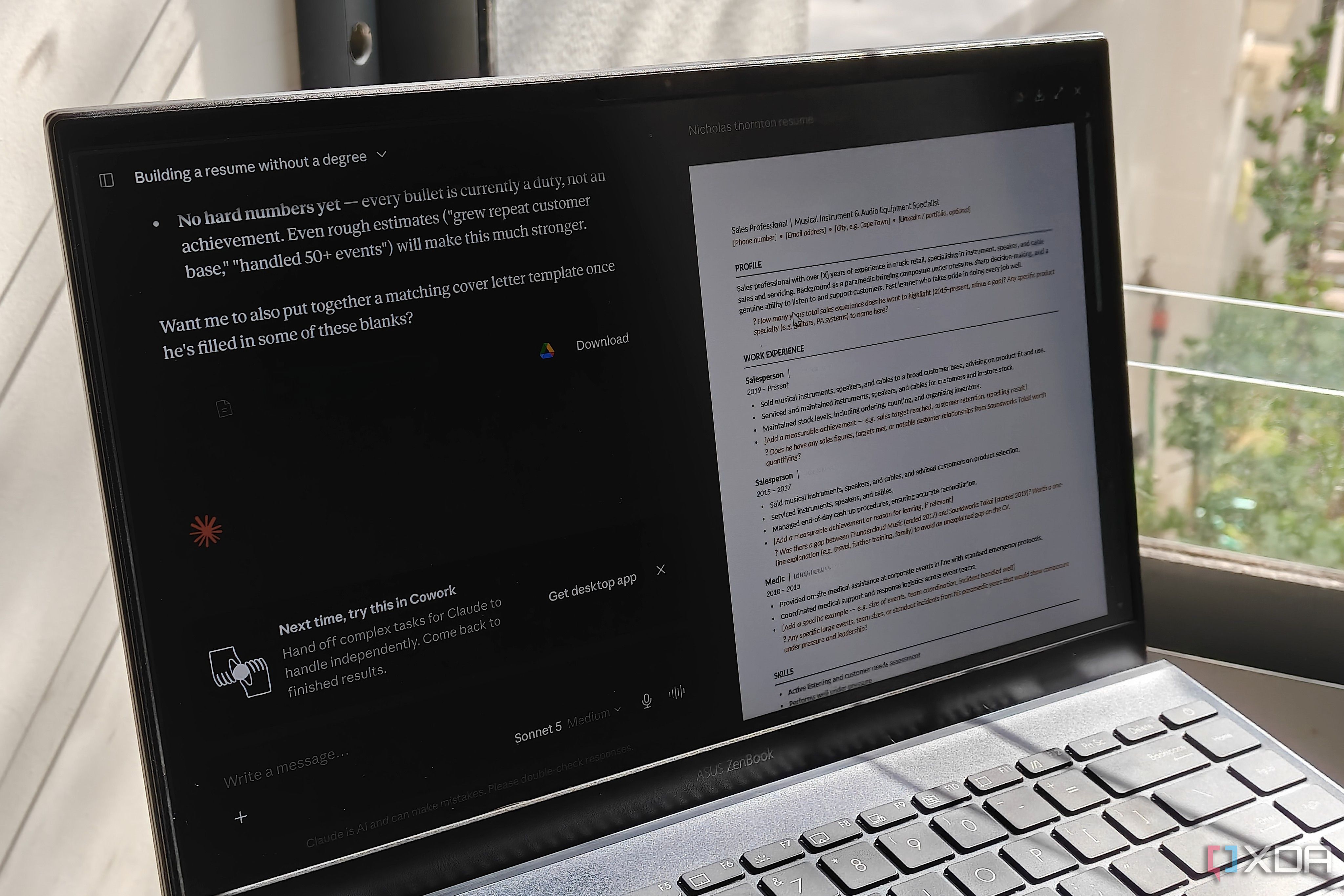 a resume generated in claude on a laptop