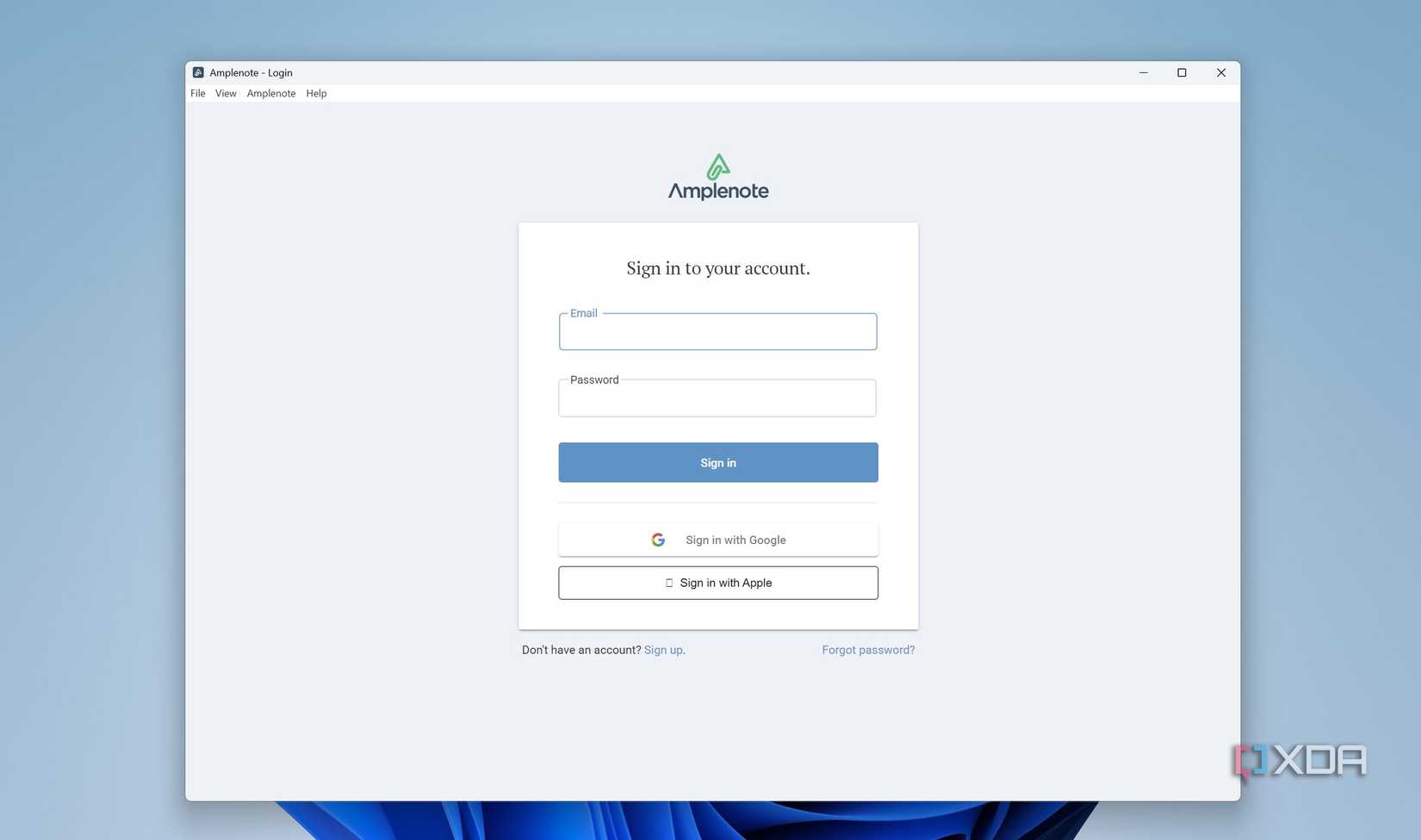 Экран входа в приложение Amplenote на Windows
