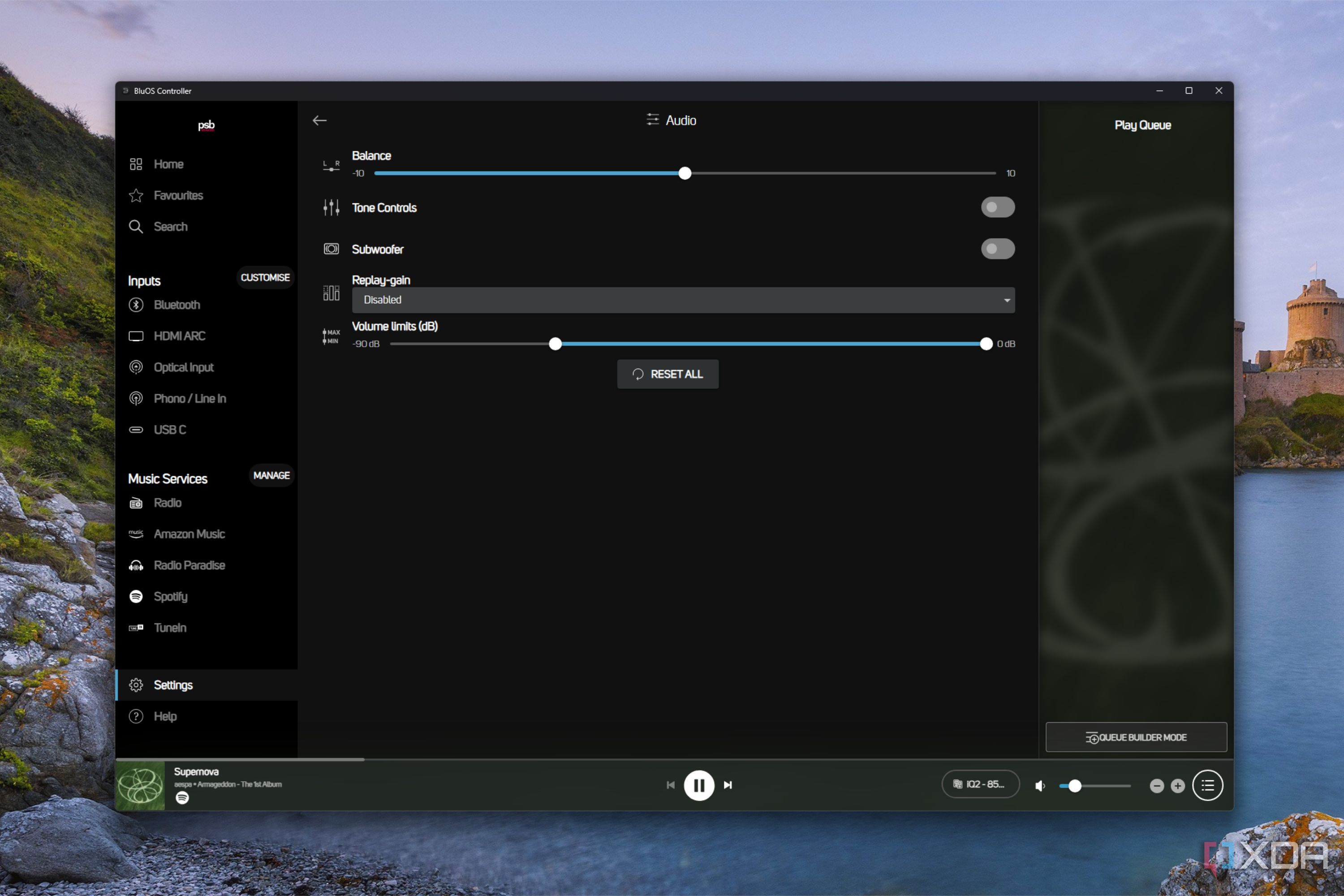 bluos controller app windows showing audio settings
