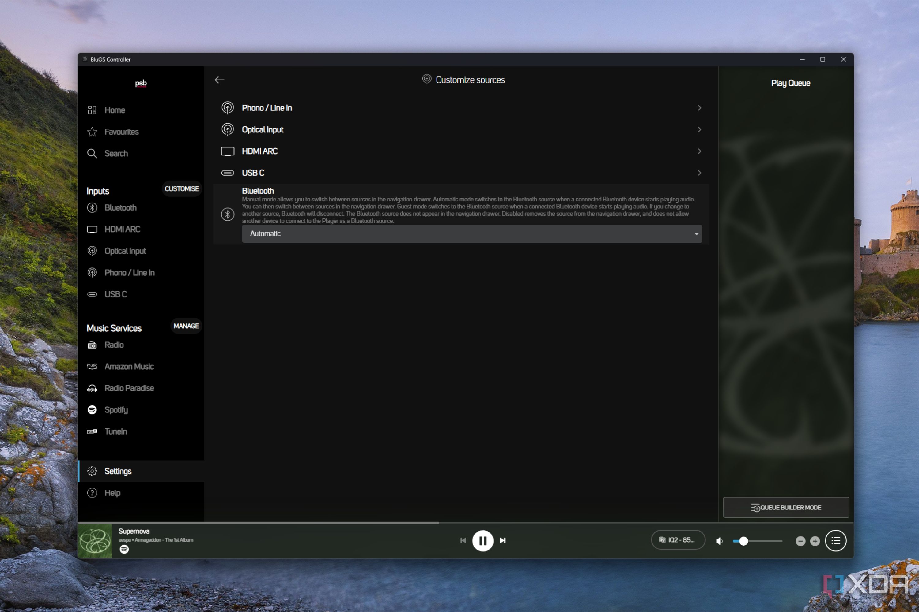 bluos controller app windows showing input sources