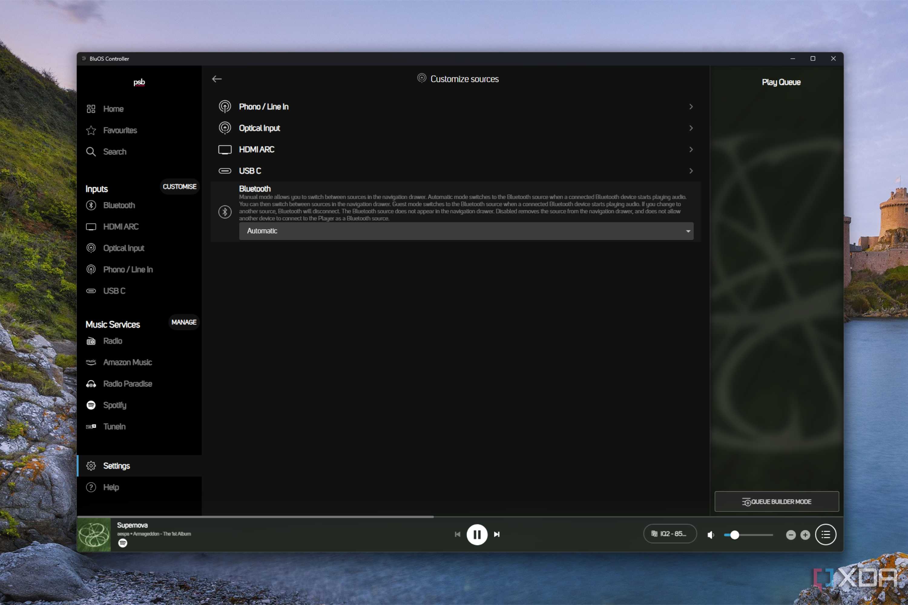 bluos controller app windows showing input sources