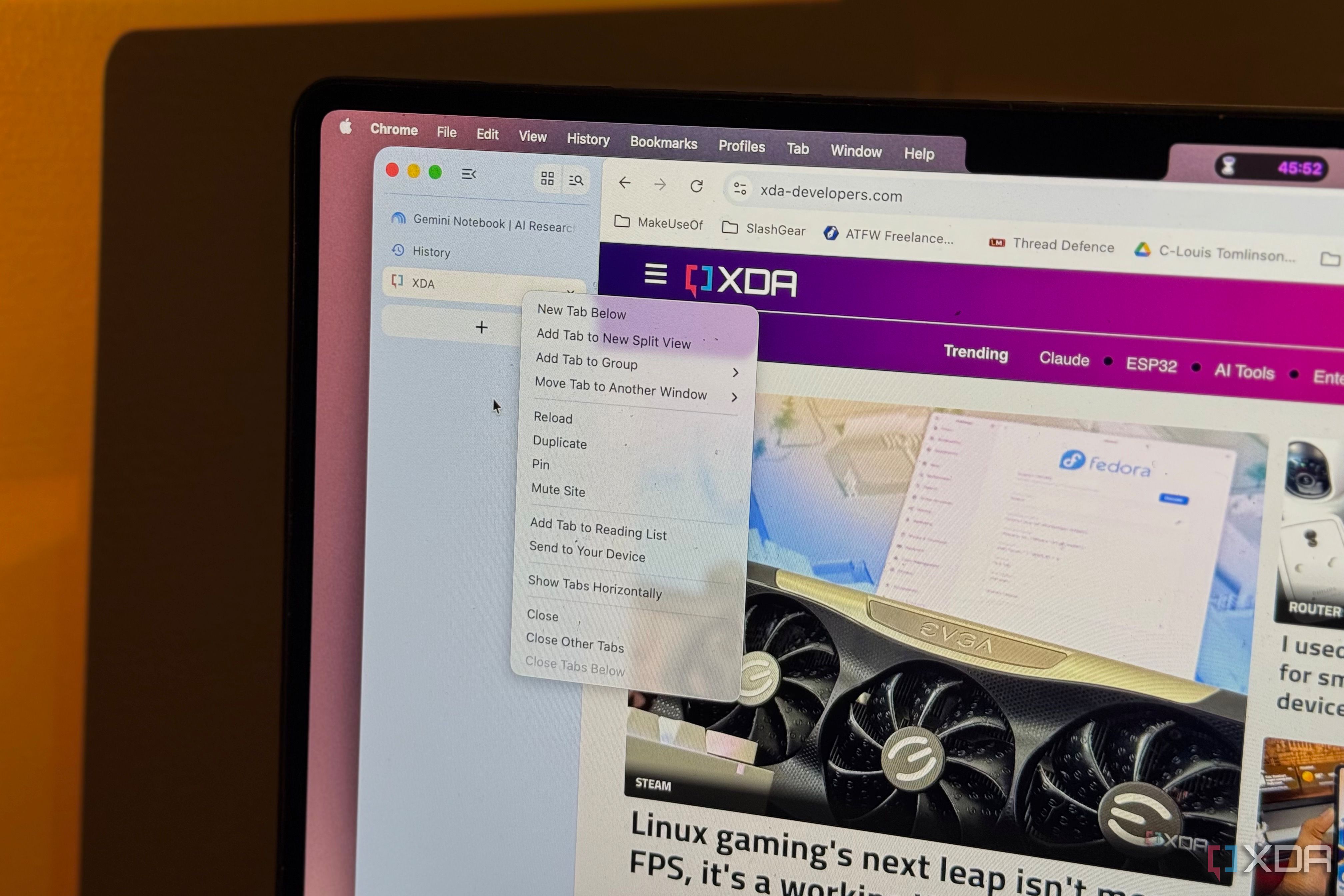 Chrome tab right-click menu open over the XDA Developers homepage