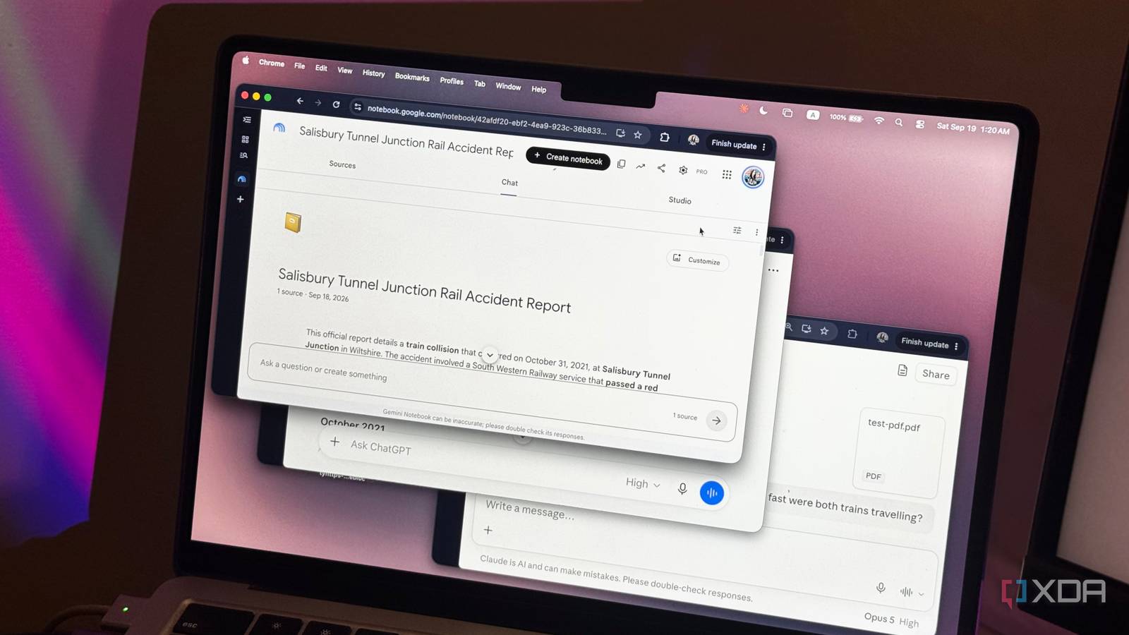 Сравнение возможностей анализа документов в ChatGPT, Claude и NotebookLM интерфейсы Claude, ChatGPT и NotebookLM на экране MacBook