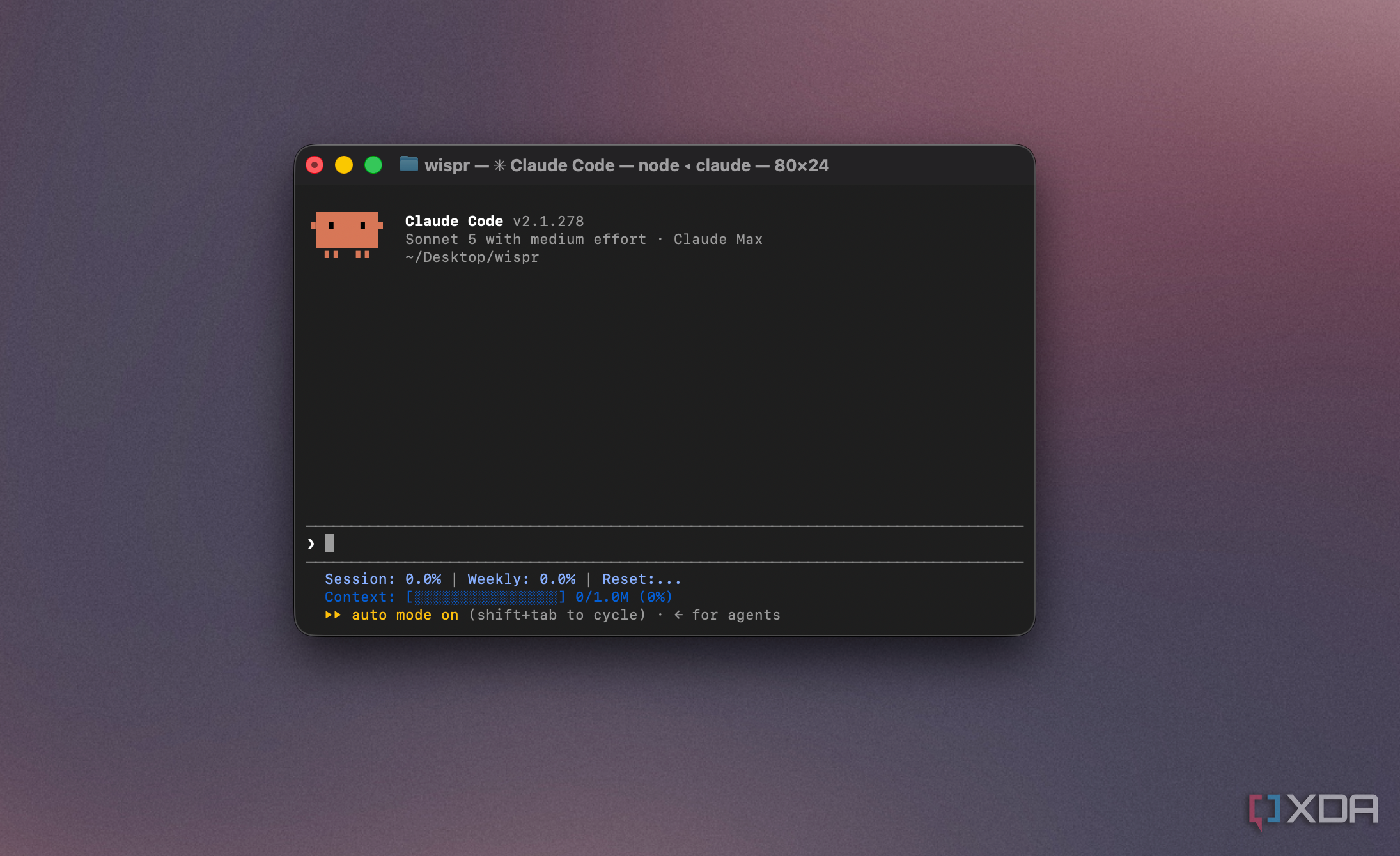 Claude Code terminal session started in the wispr project directory, showing an empty prompt