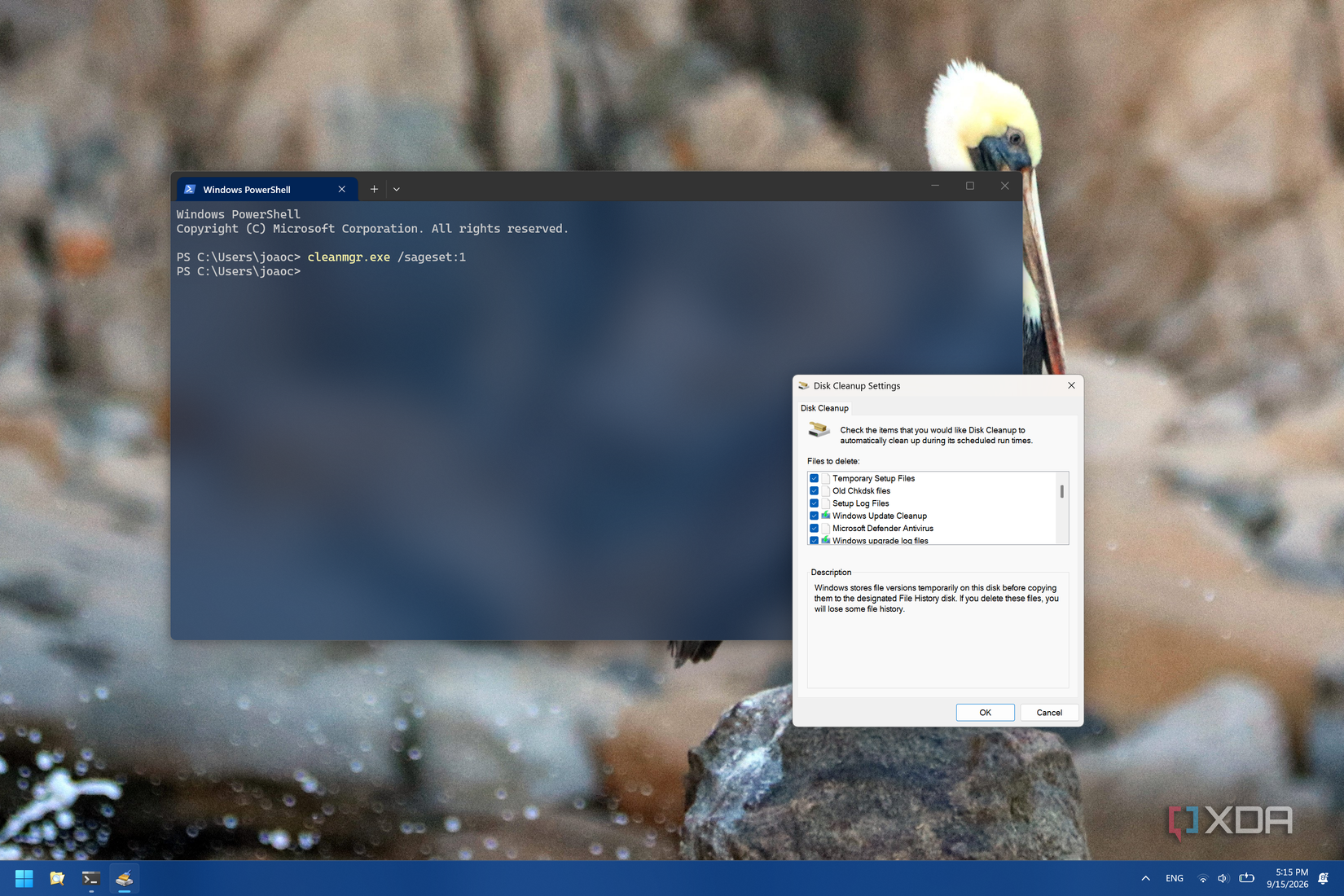 Скриншоти Windows Terminal, ки фармонро барои муайян кардани профил барои Тозакунии диск иҷро мекунад. Равзанаи Тозакунии диск кушода аст, ки ба корбар имкон медиҳад, ки ҳангоми иҷрои вазифаи ба нақша гирифташуда файлҳои тозашавандаро интихоб кунад