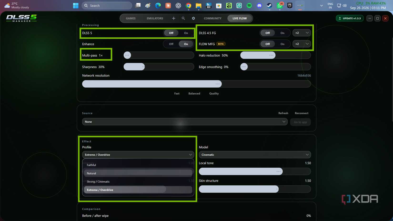 DLSS 5 Manager's Live Flow settings on the Windows 11 desktop app.