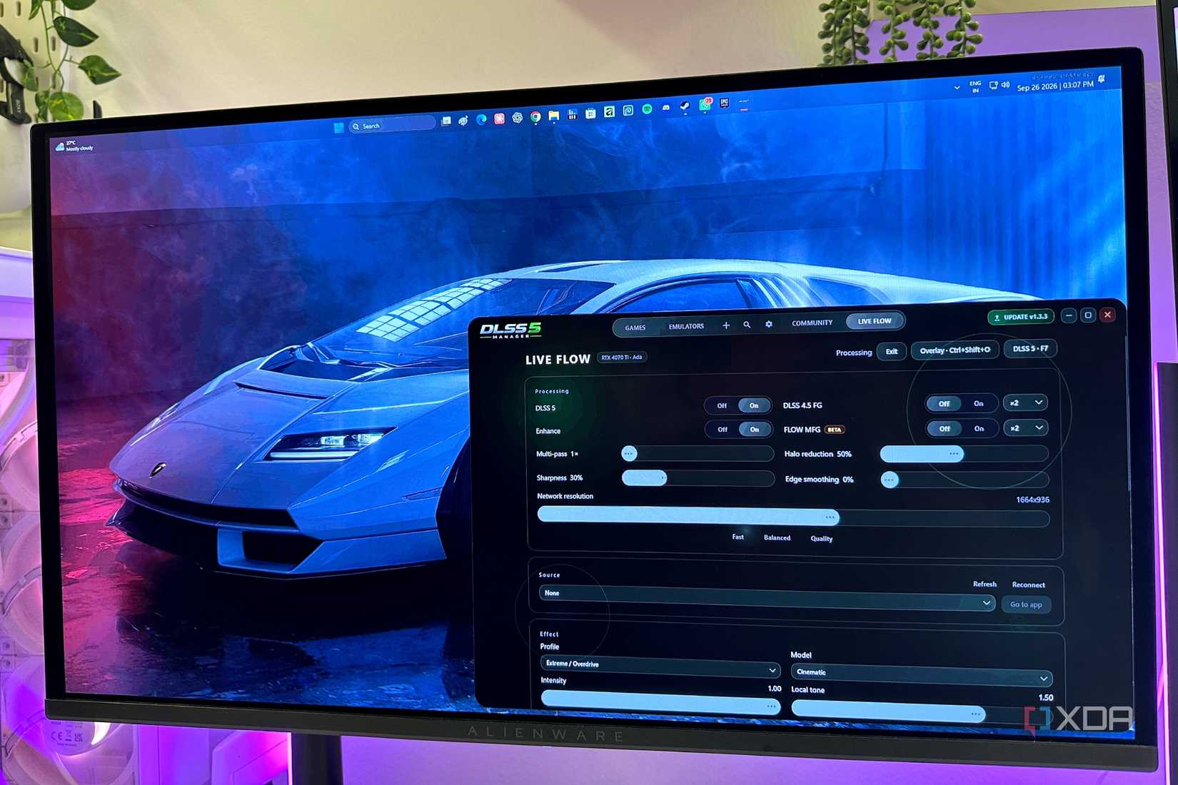 DLSS 5 Manager with Live Flow settings on Windows 11 desktop (Wallpaper Engine).