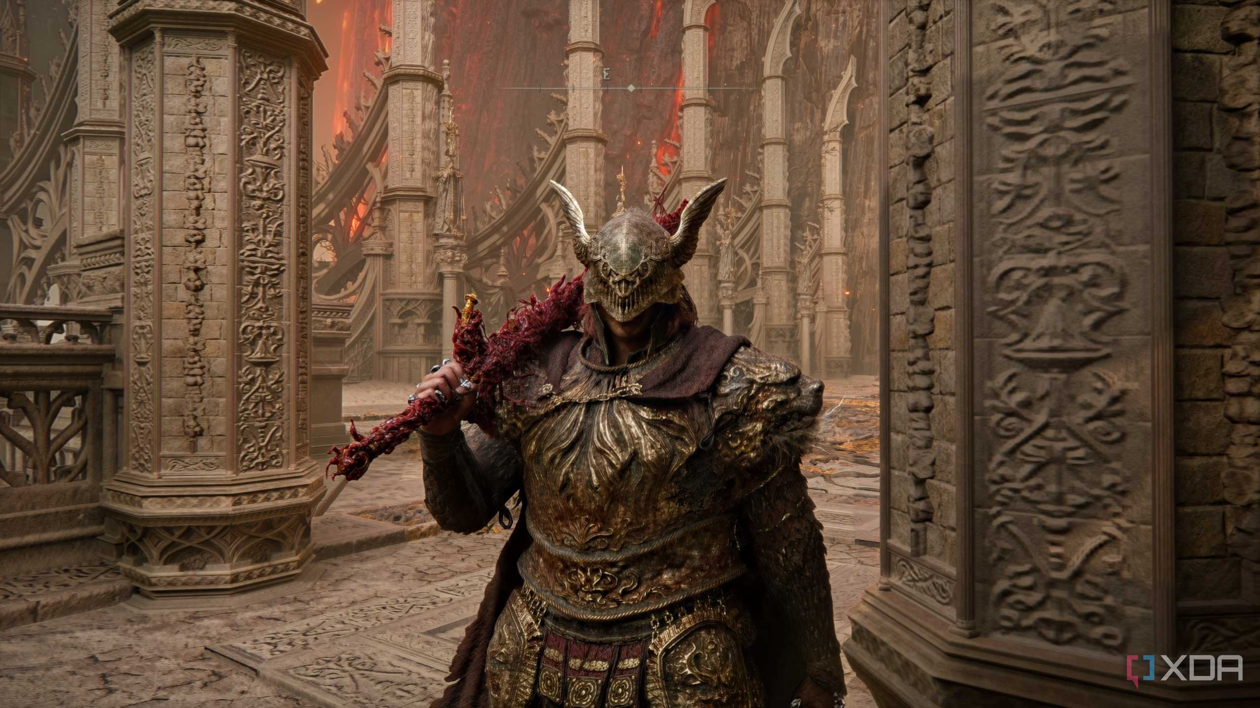 Wearing Miquella's helm and Radahn's armor in Elden Ring with DLSS 5 neural rendering turned on.