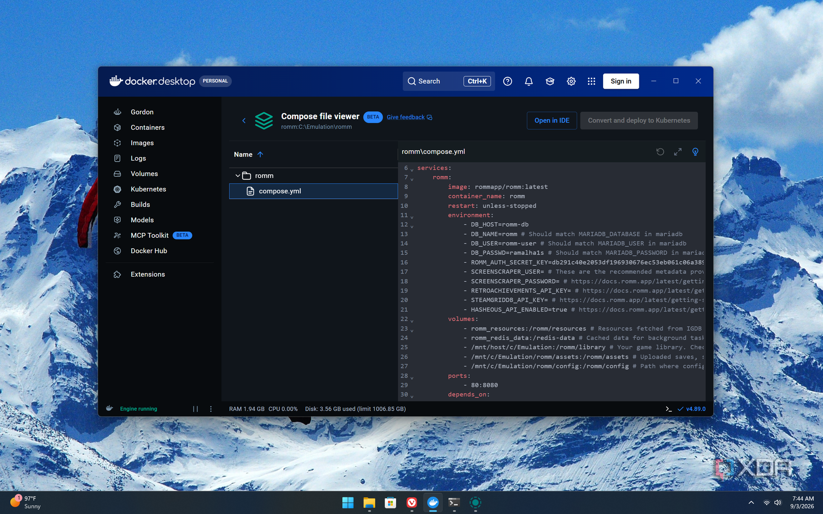 Docker 屏幕截图显示 RomM 服务器的构建文件