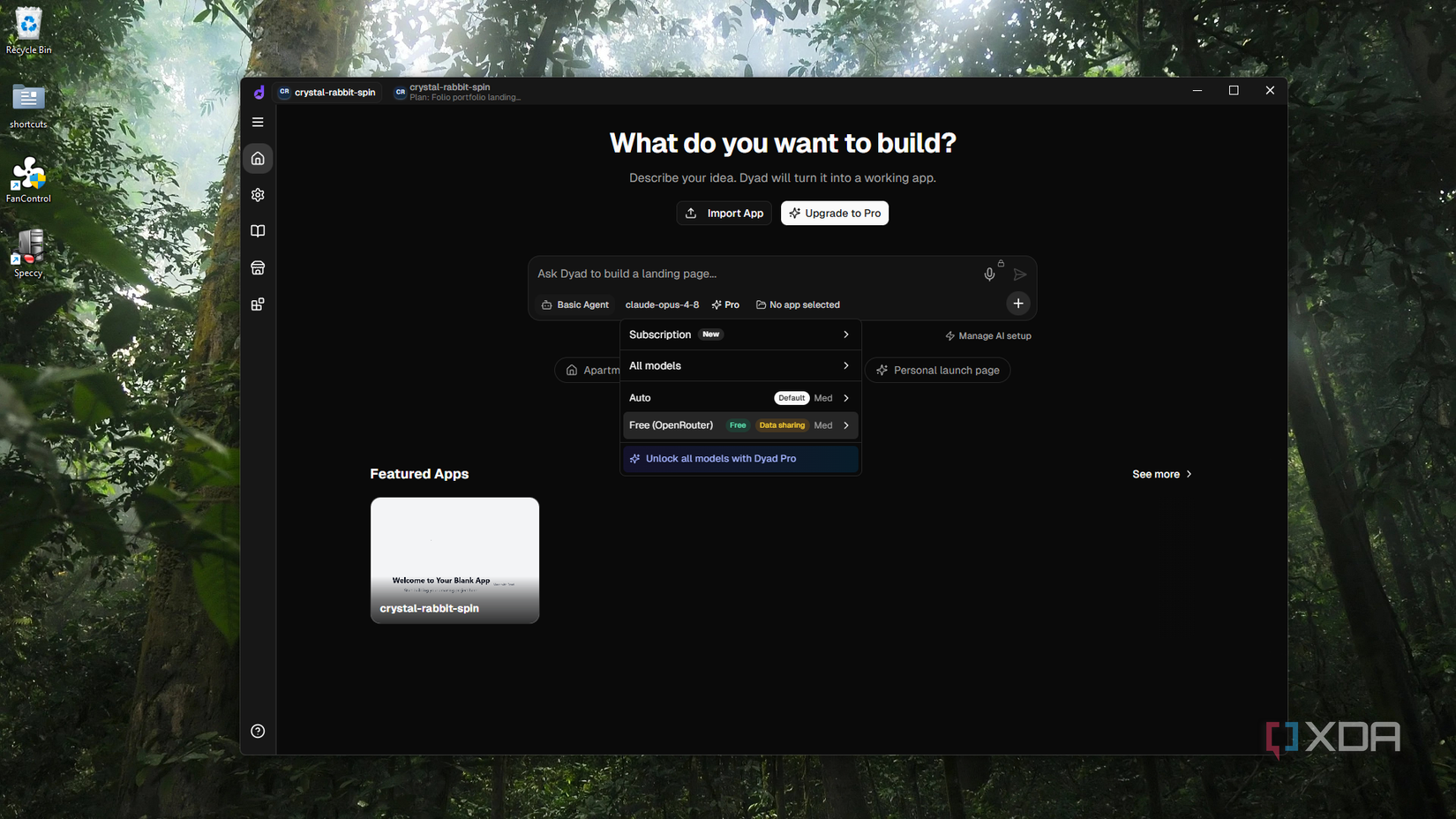 Dyad app browser hero with model picker