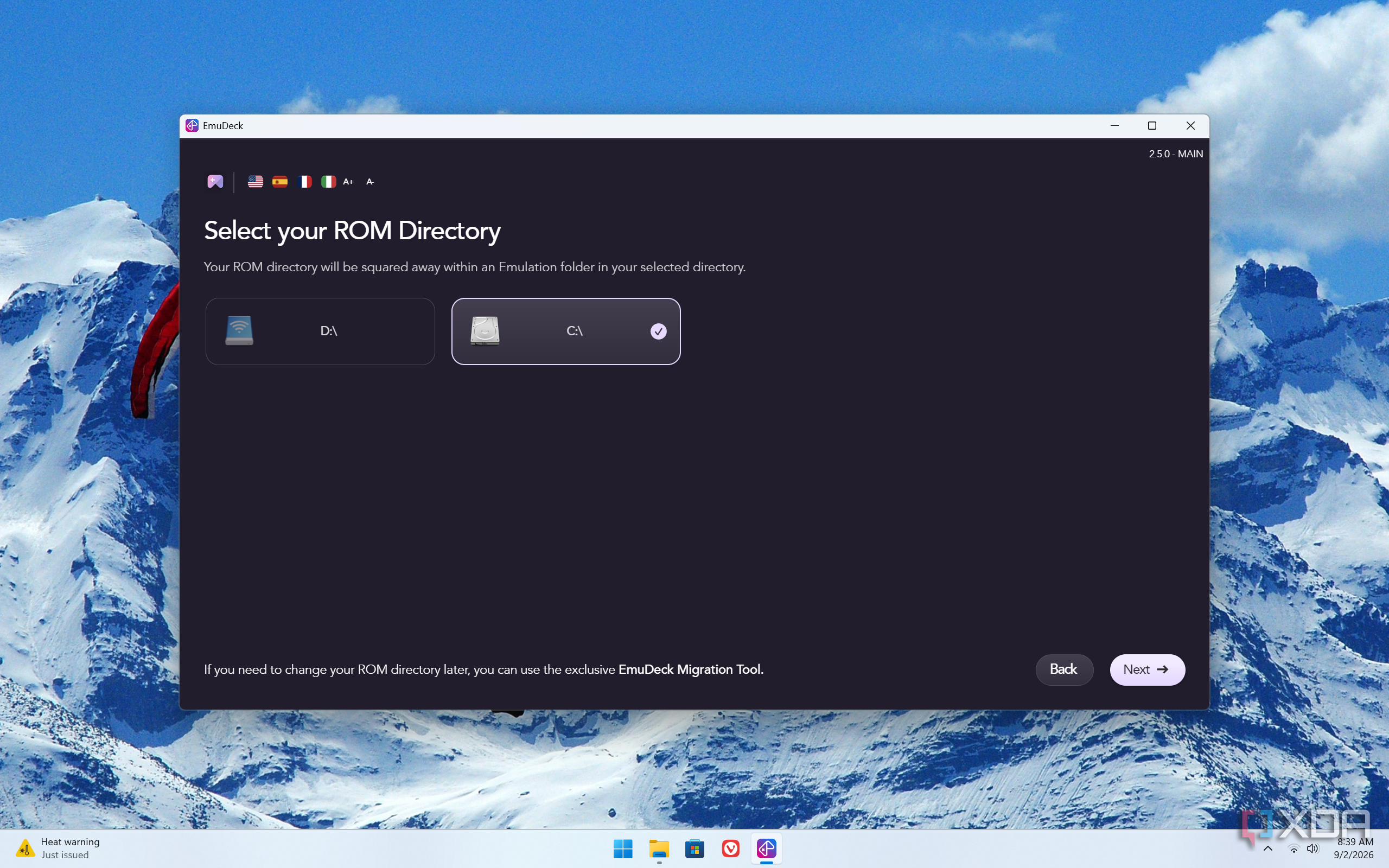 Окно настройки EmuDeck с выбором диска для хранения ROM-файлов