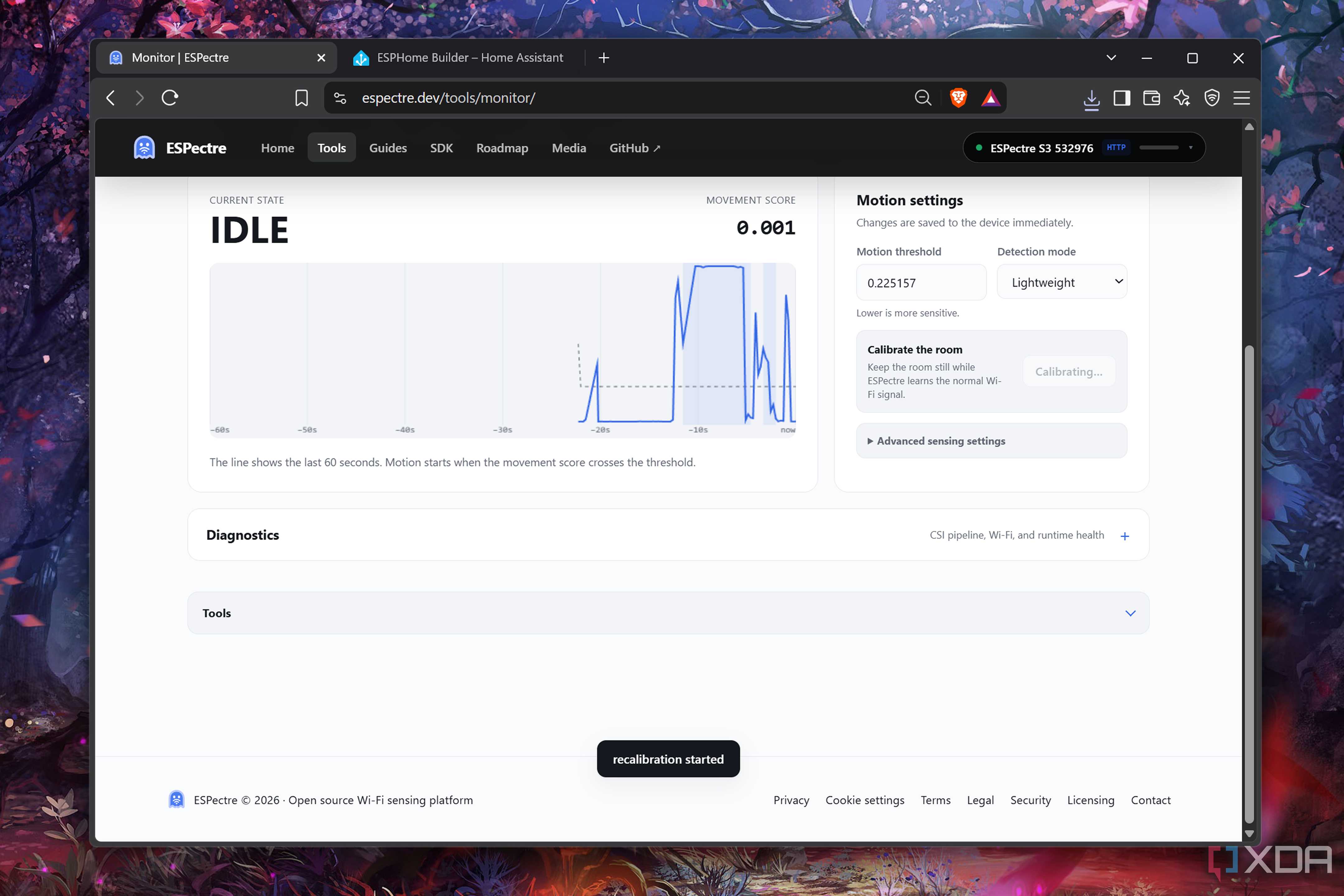 Changing the motion detection setting for ESPectre