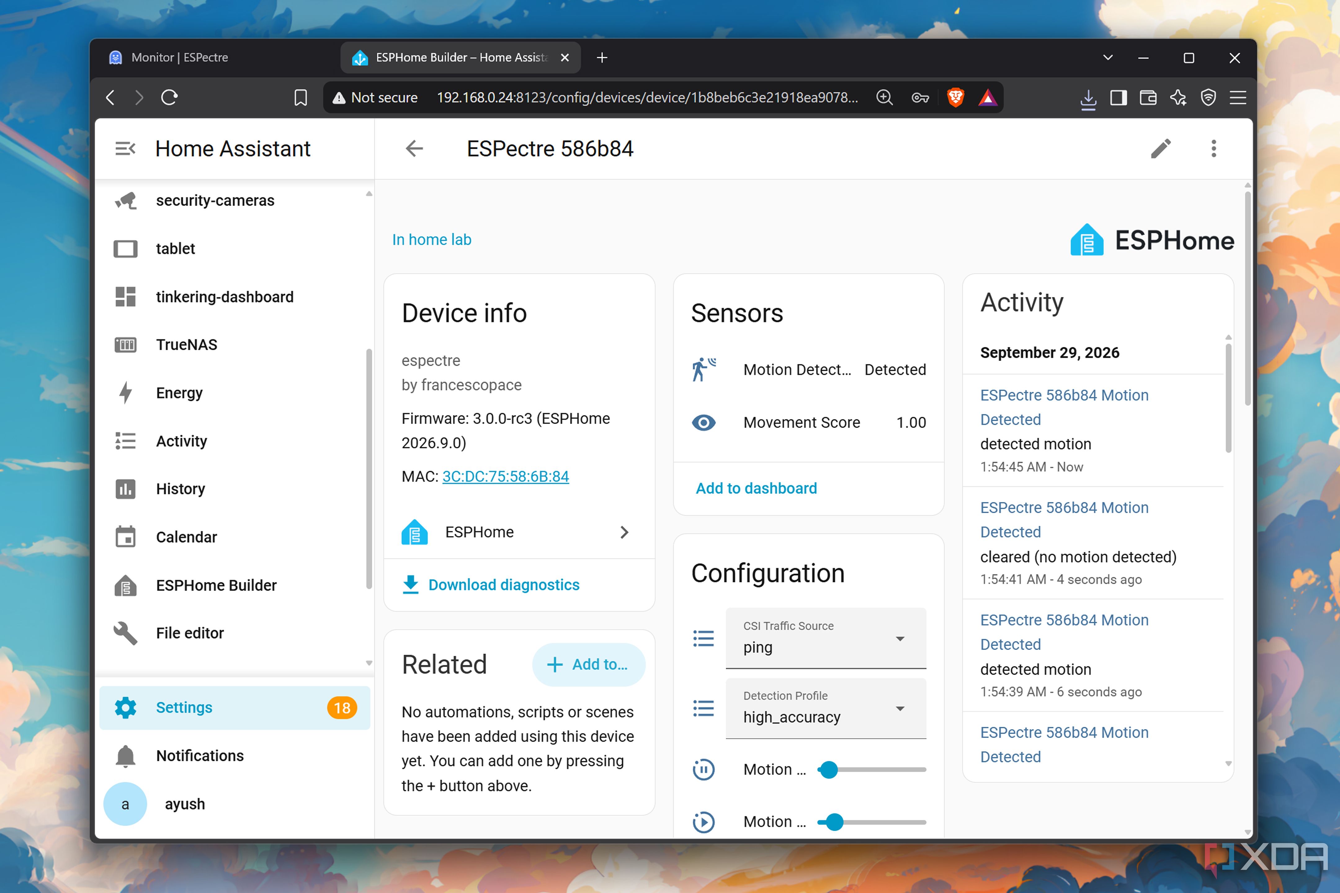 Using an ESPectre device with Home Assistant