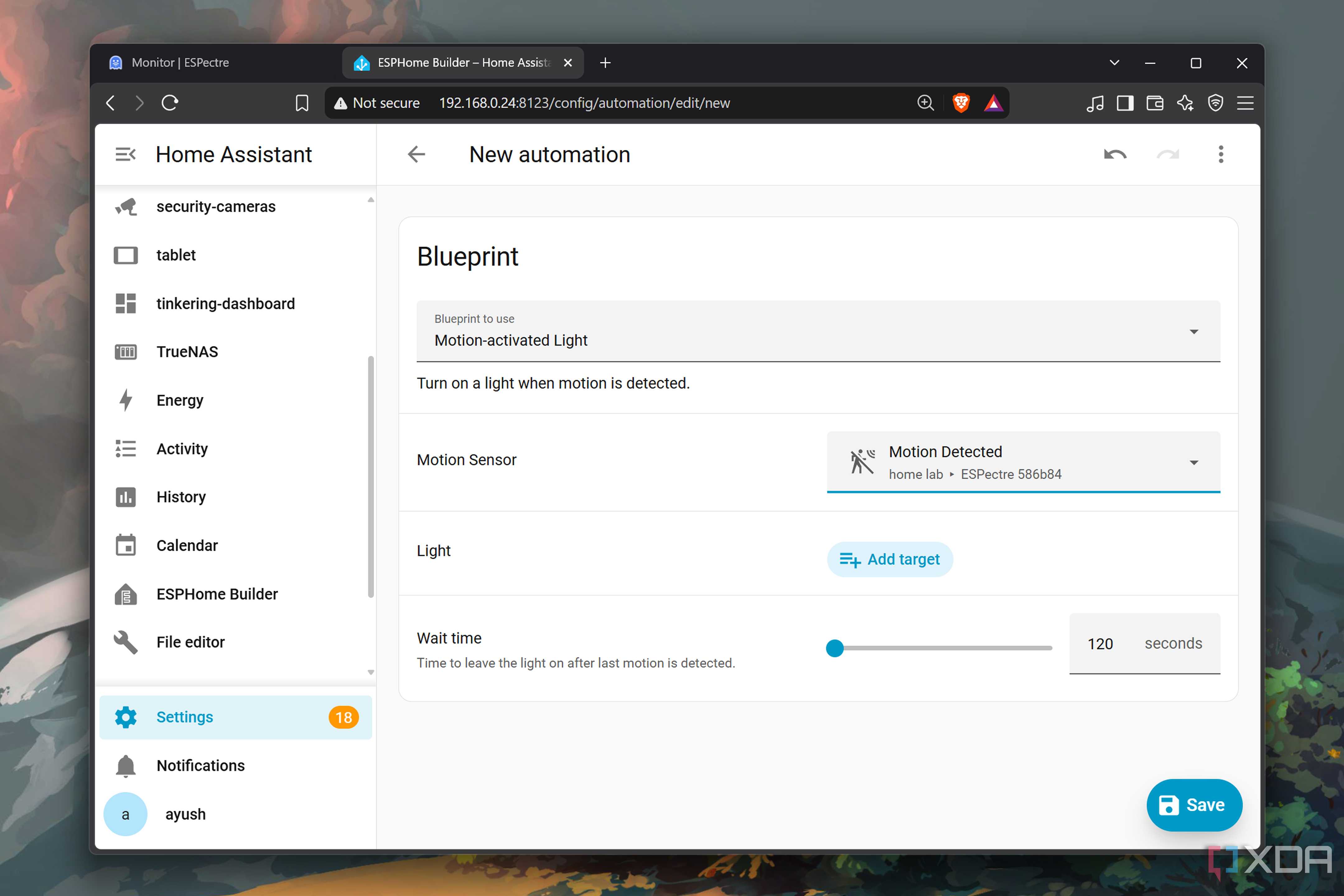 Automating an ESPectre device via Home Assistant