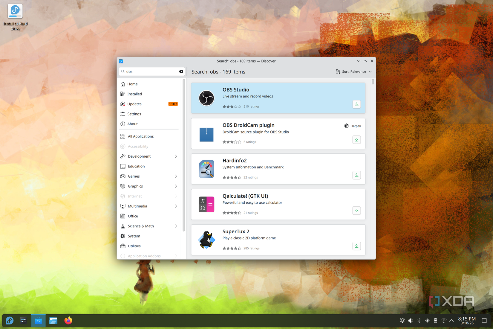 Знімок екрана магазину Discover у KDE Plasma у Fedora, де показано результати пошуку для OBS