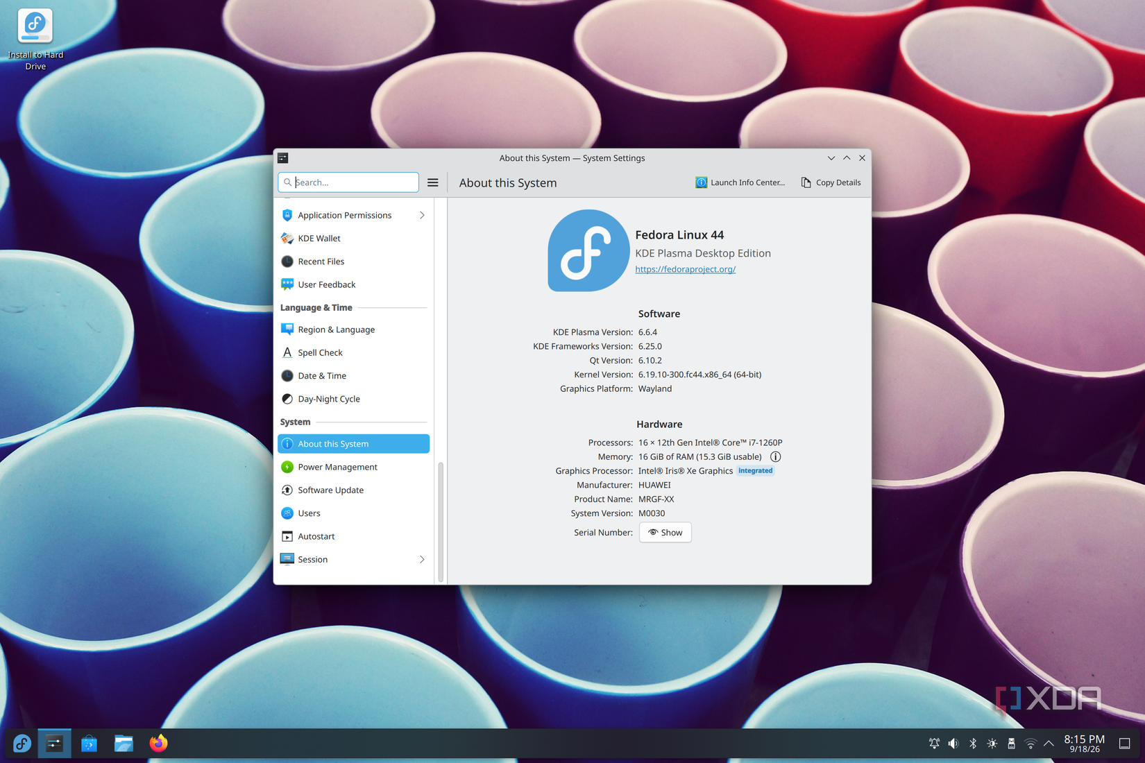 Знімок екрана параметрів системи у Fedora KDE, на якому показано інформацію про систему