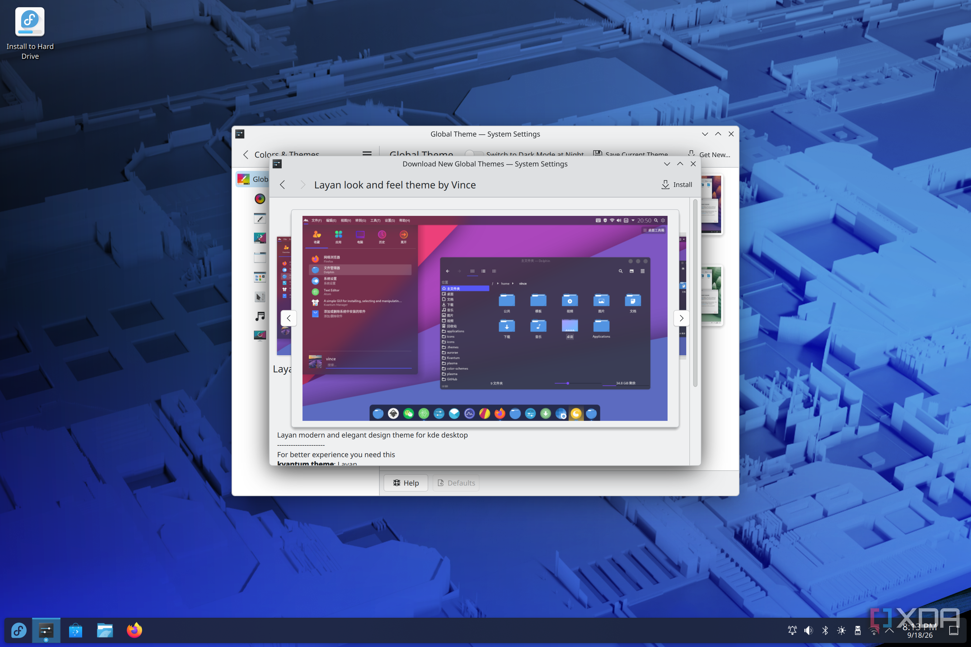 Screenshot of the theme store in KDE showing a screenshot of a specific theme