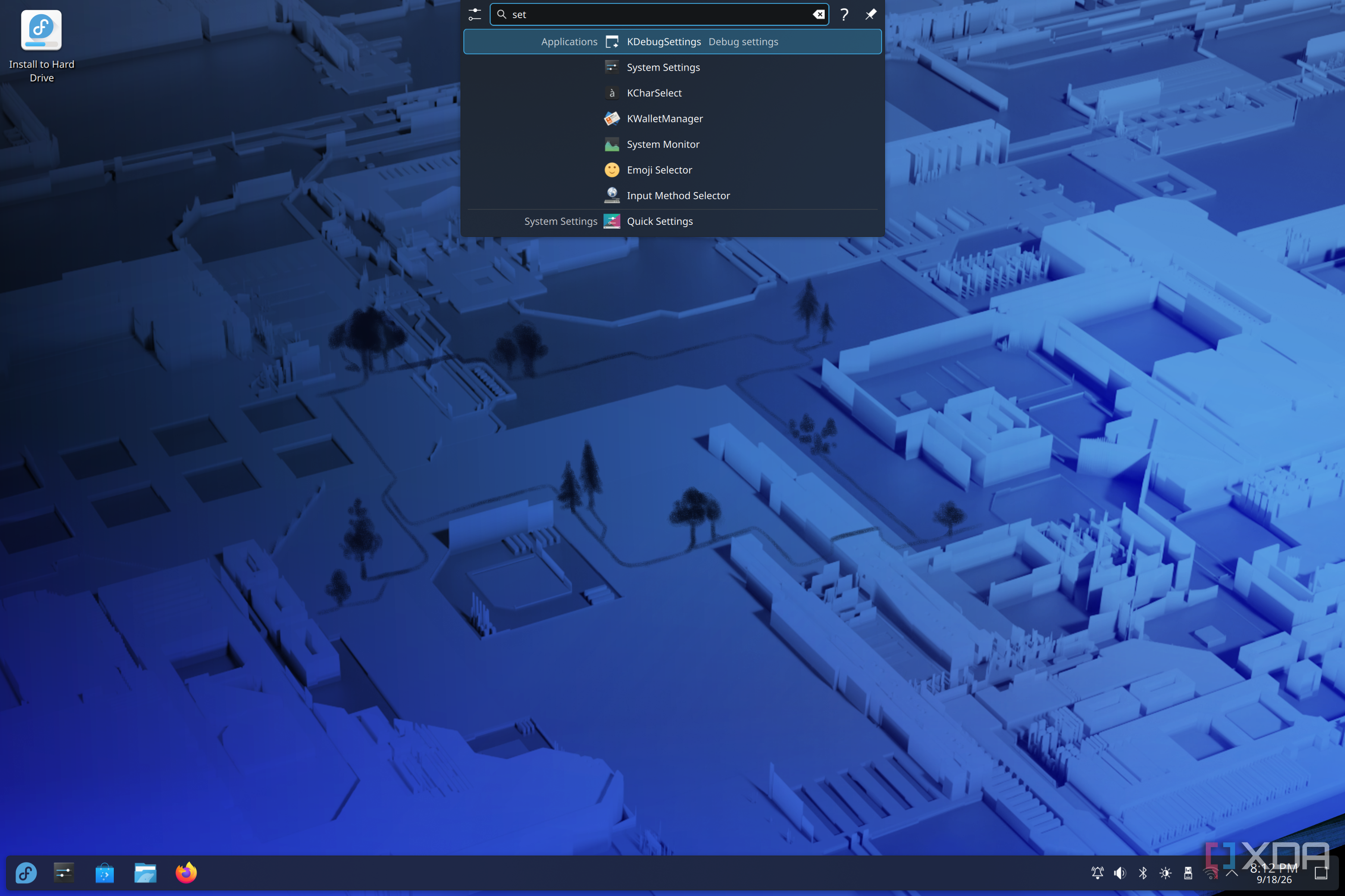 Screenshot of the desktop on Fedora KDE showing the system-wide search utility at the top of the screen