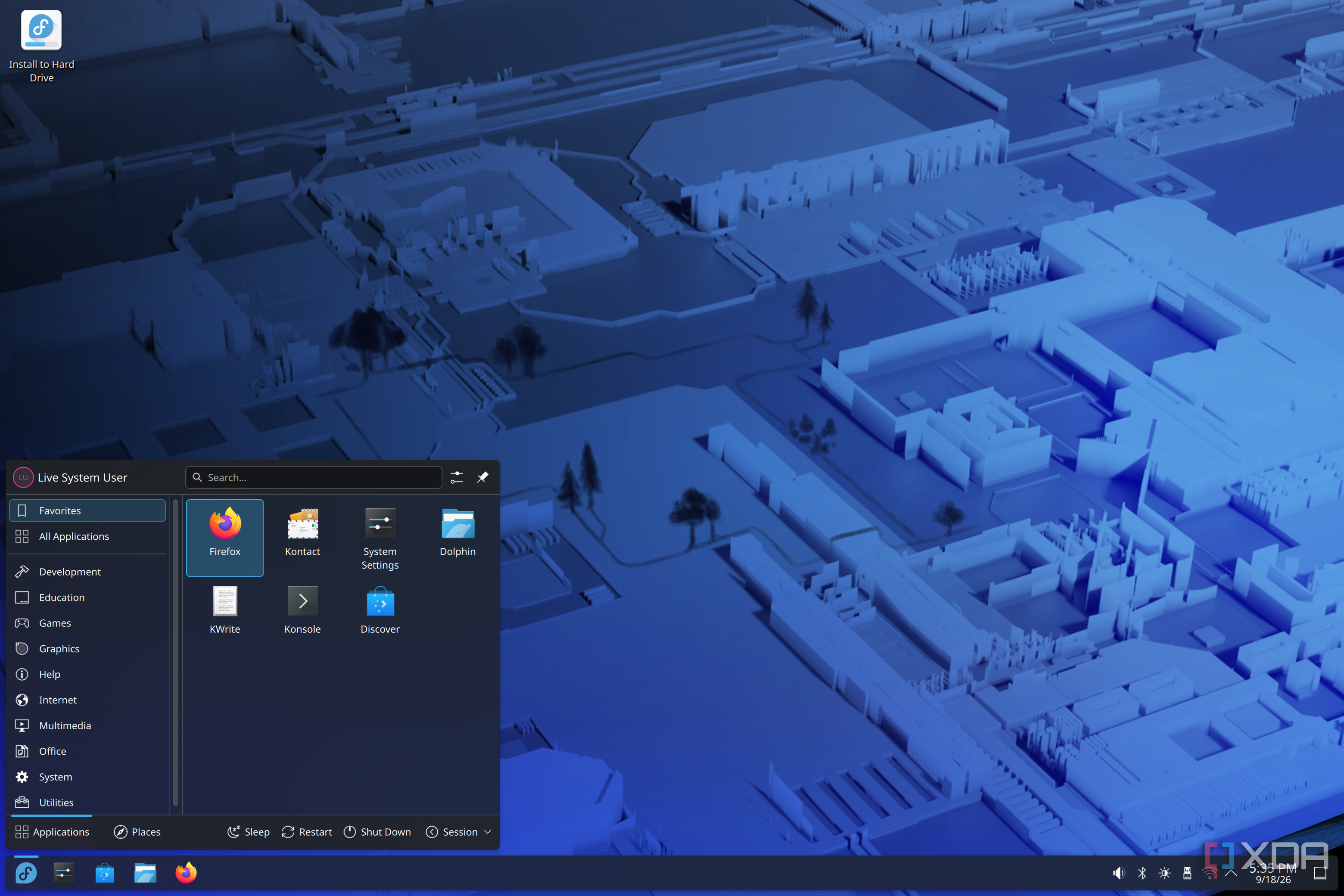 Screenshot of Fedora KDE shwoing the default app launcher