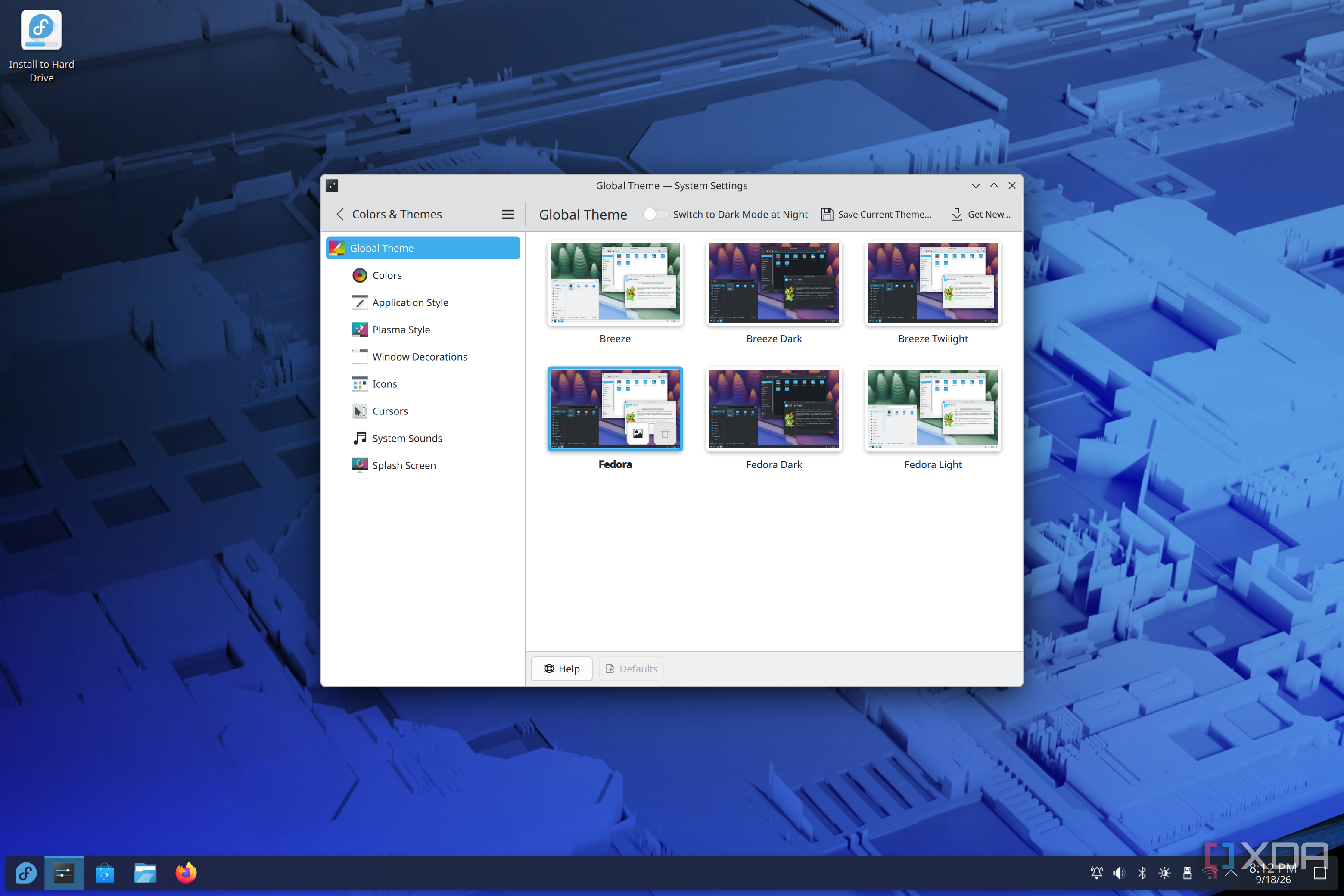 Screenshot of system settings in KDE showing installed themes included with Fedora