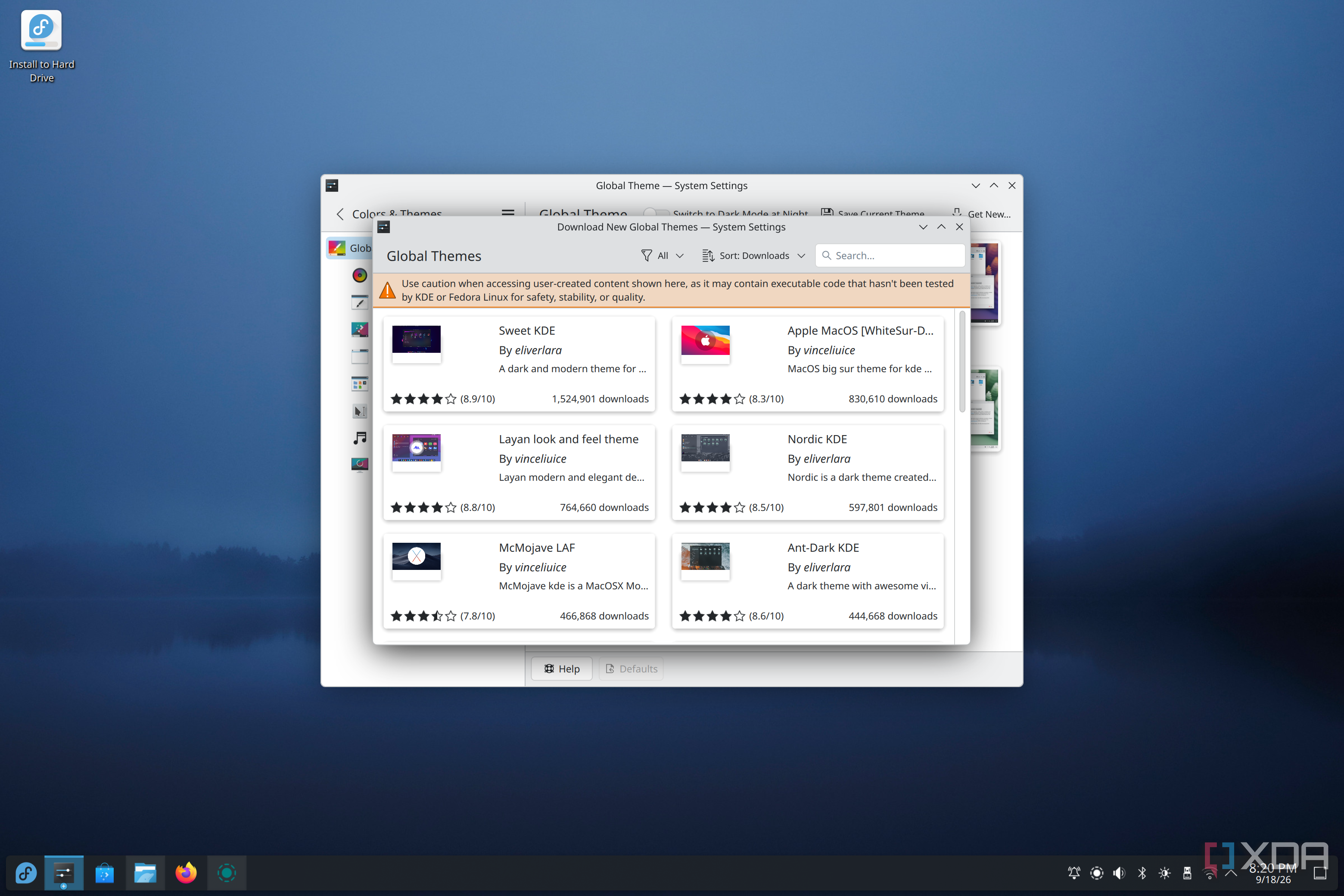 Screenshot of the theme store in Fedora KDE showing a list of available themes to download
