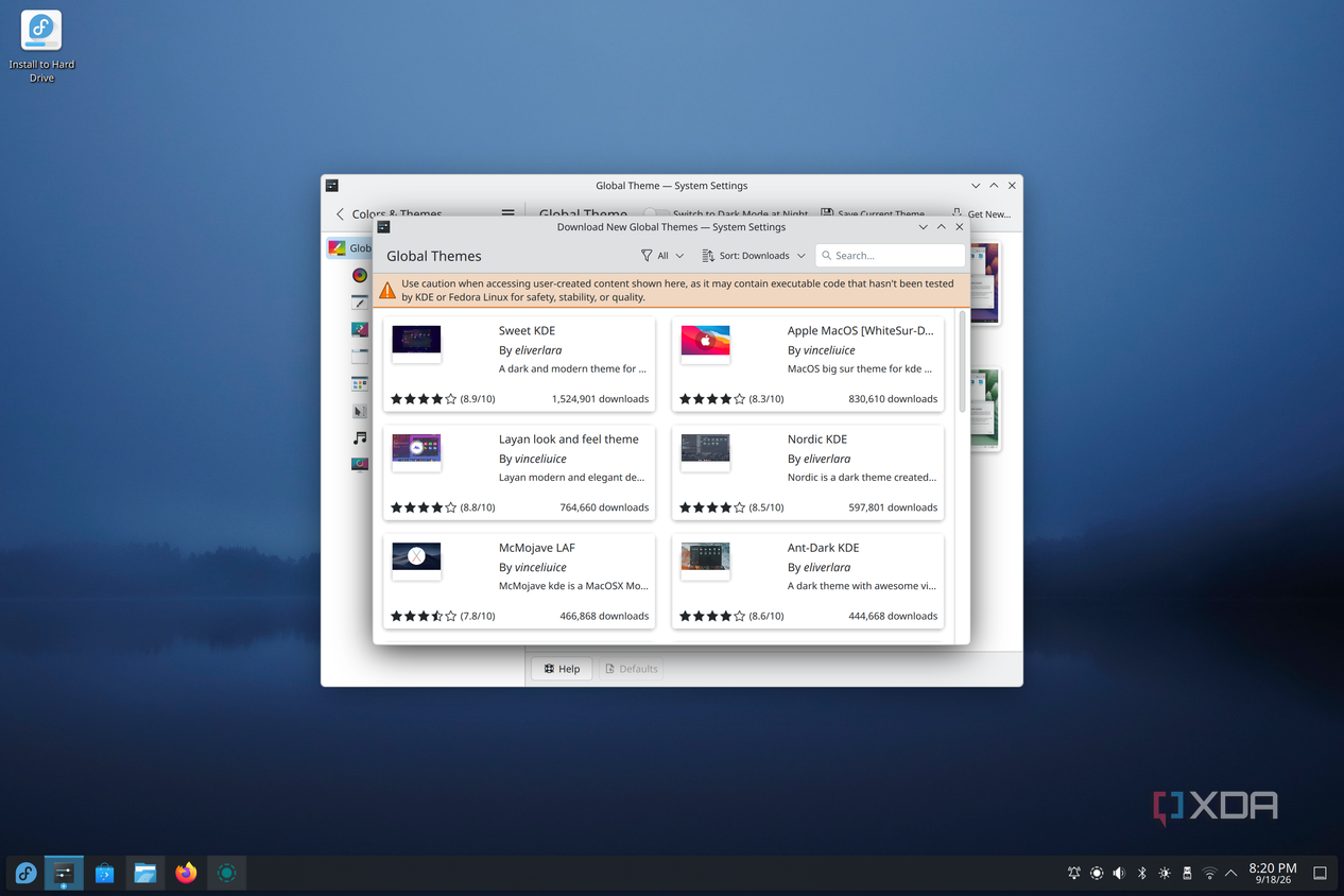 Screenshot of the theme store in Fedora KDE showing a list of available themes to download