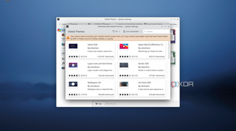 Screenshot of the theme store in Fedora KDE showing a list of available themes to download