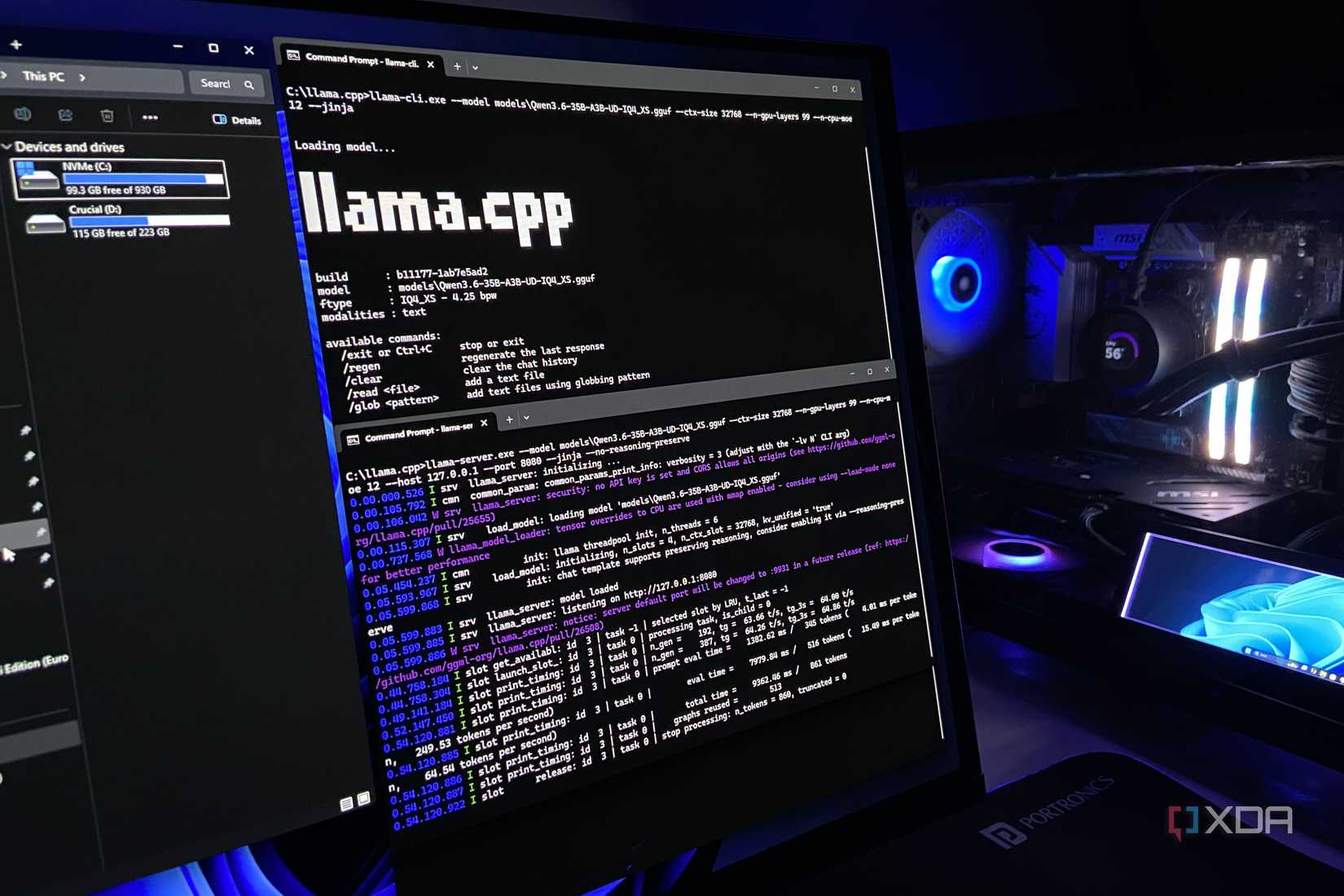 A PC running llama.cpp harness