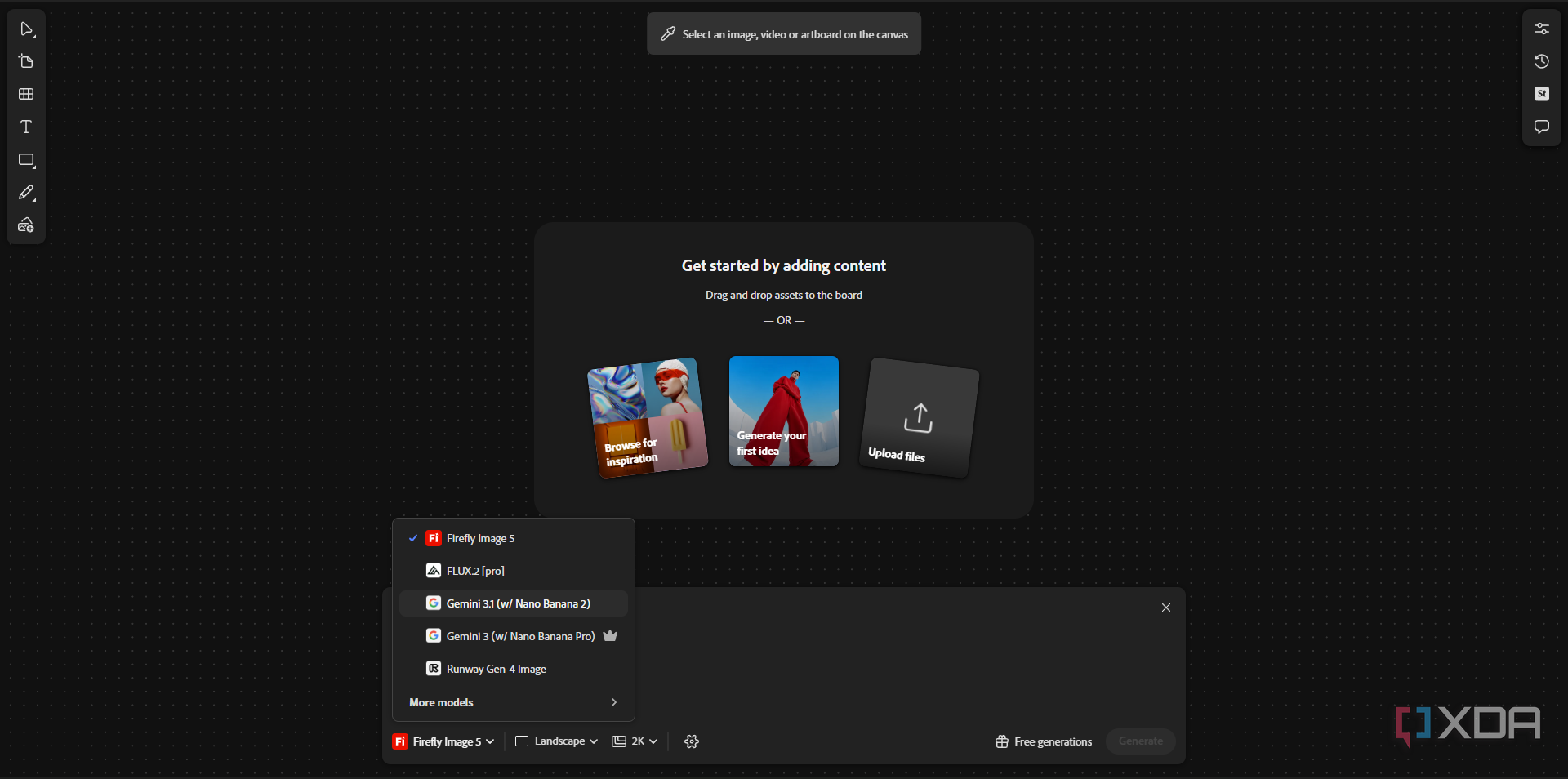 Панель инструментов Adobe Firefly Boards с выбором моделей Firefly Gemini и Runway
