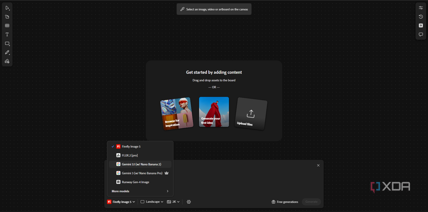 Инструмент Adobe Firefly Boards для визуализации идей Панель инструментов Adobe Firefly Boards с выбором моделей Firefly Gemini и Runway