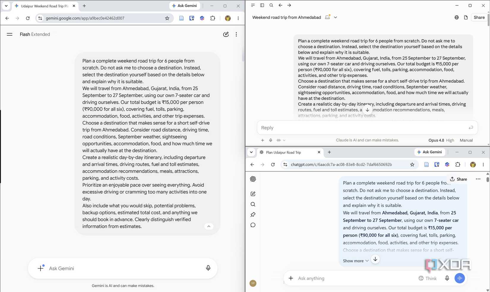 Сравнение планирования поездки с помощью ChatGPT, Claude и Gemini интерфейс чата с запросом на планирование поездки выходного дня