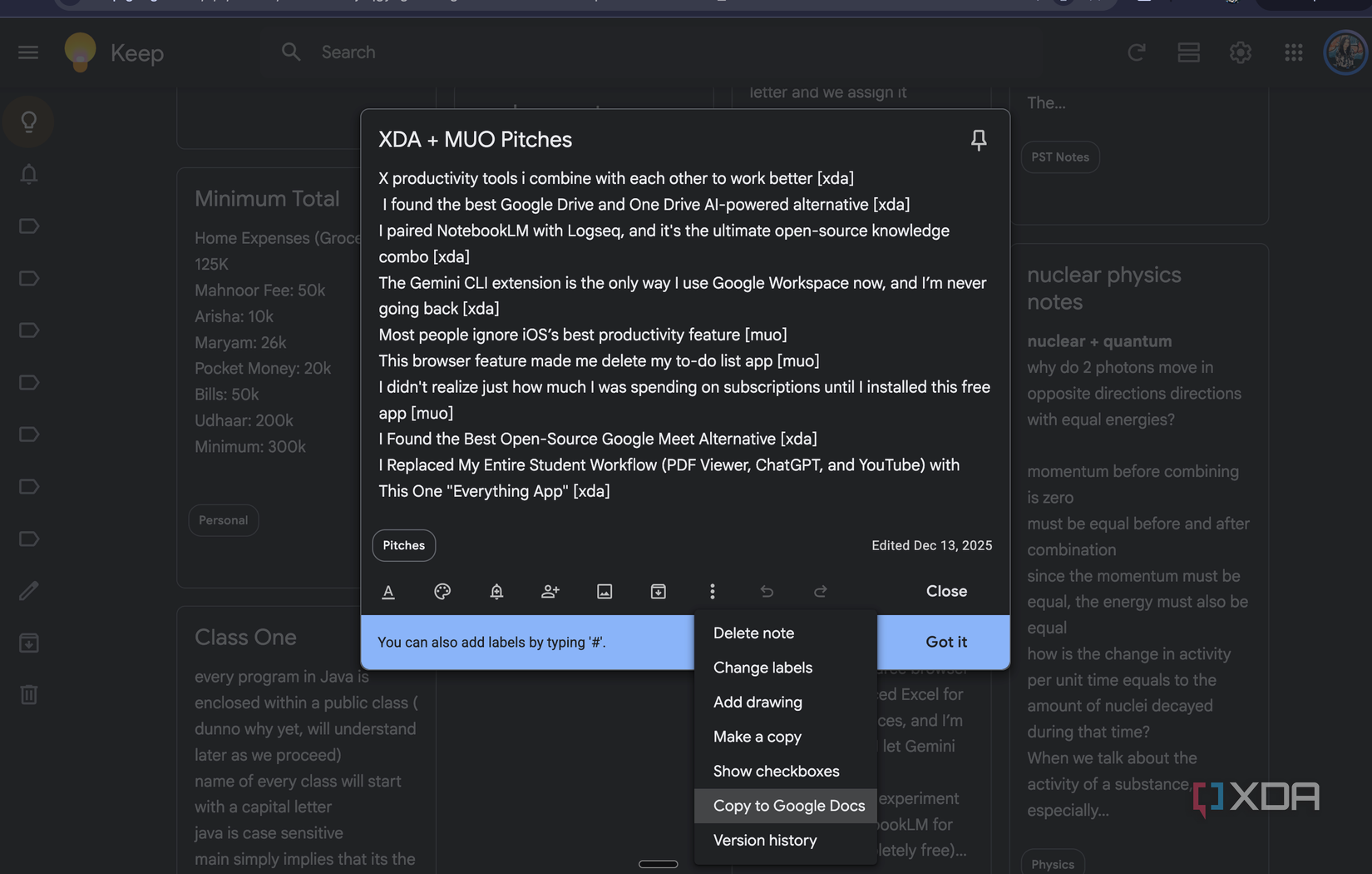 Нотатка Google Keep XDA + MUO Pitches відкрилася з меню параметрів, у якому показано Копіювати в Google Docs