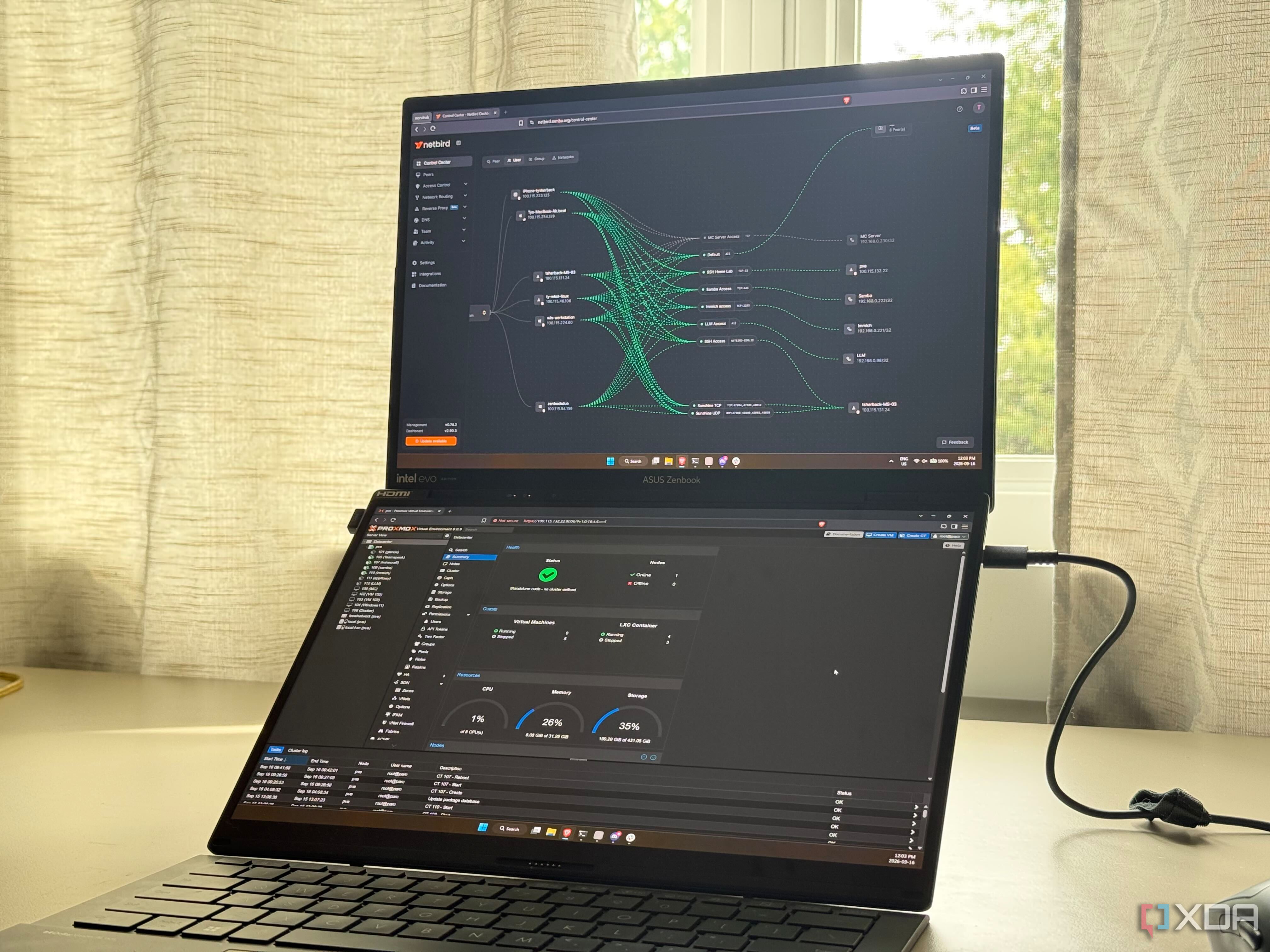 A laptop with two screens showing netbird's web UI alongside Proxmox