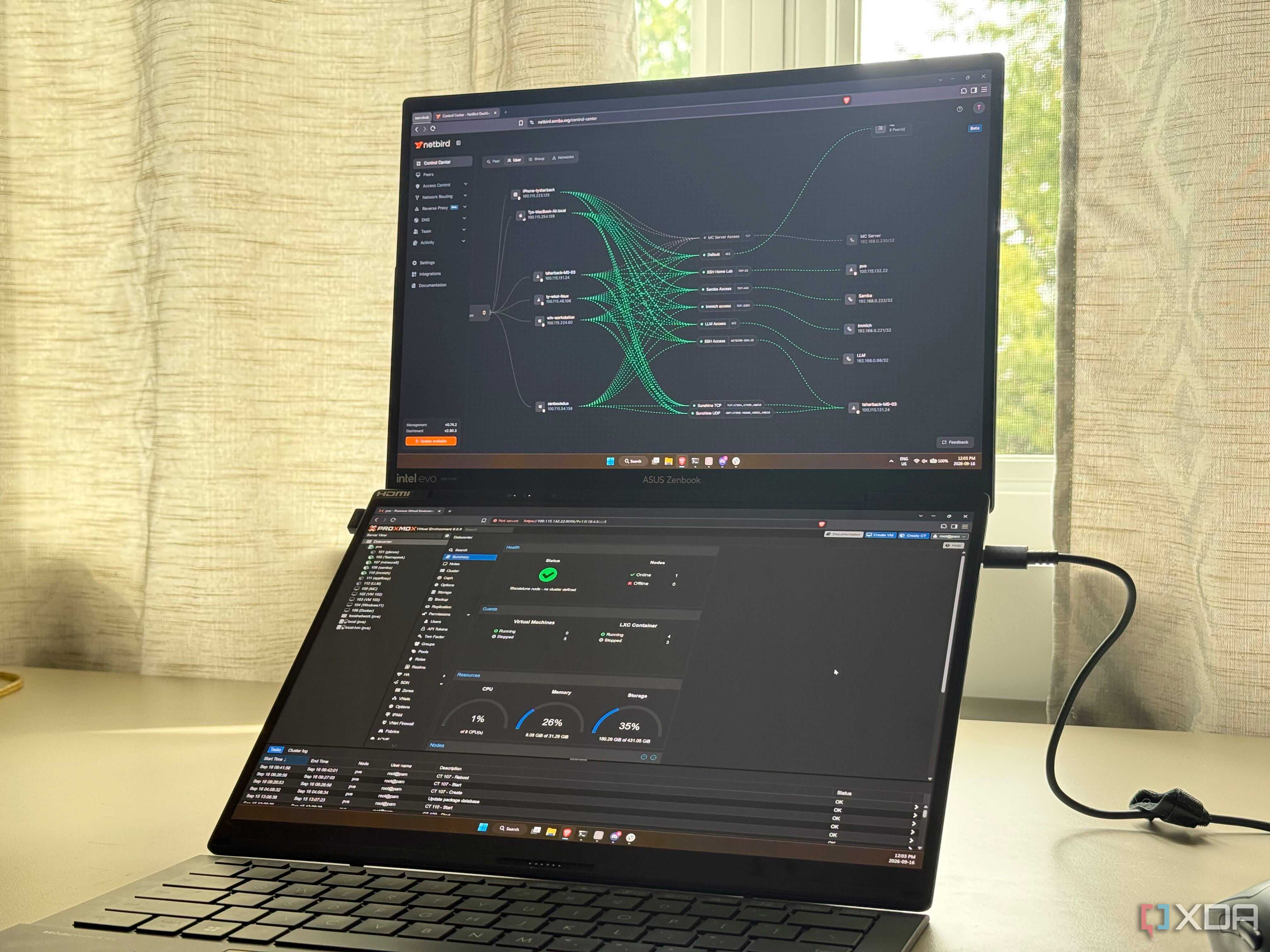 A laptop with two screens showing netbird's web UI alongside Proxmox