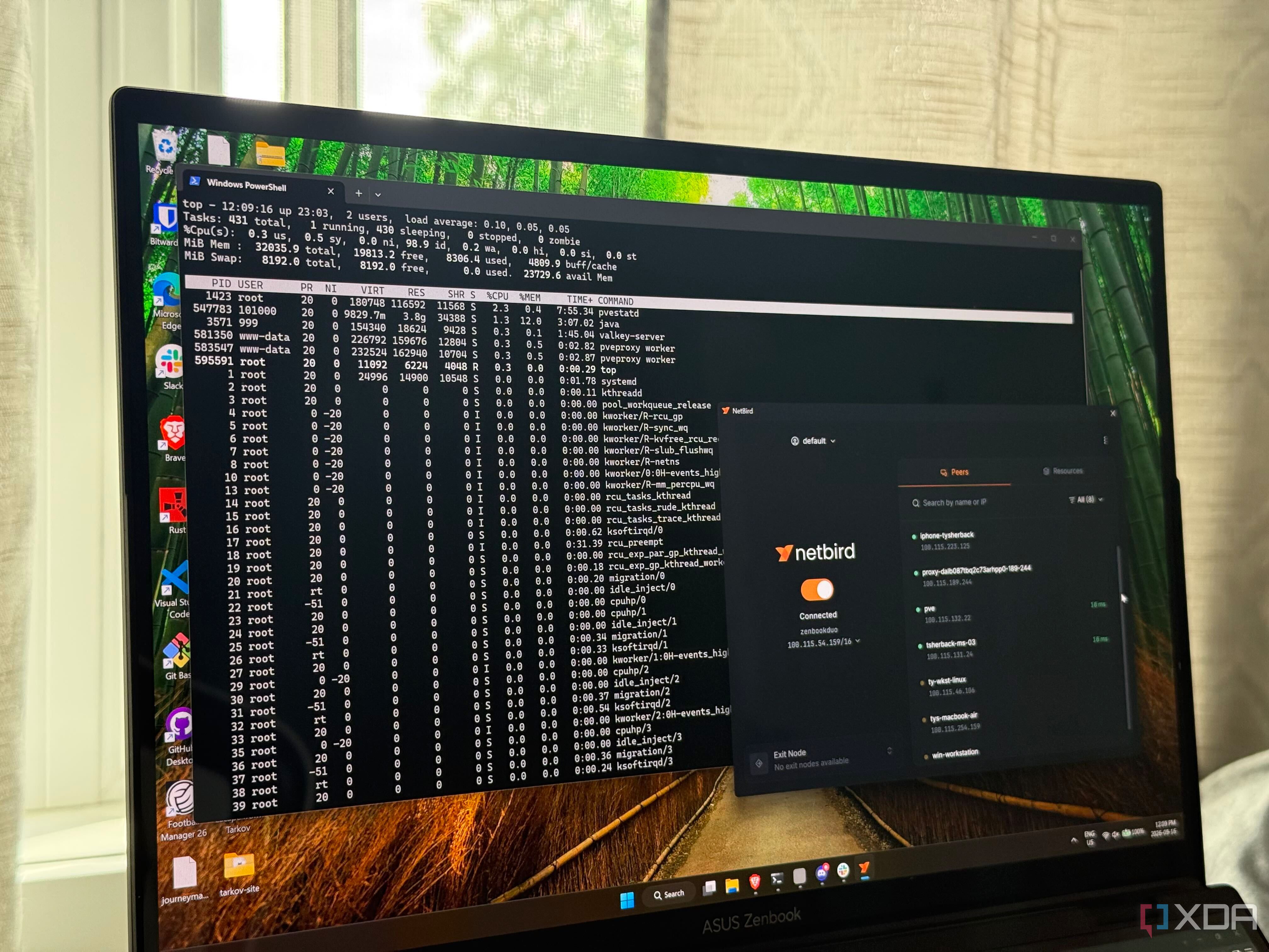 ноутбук с открытой SSH-сессией и клиентом NetBird