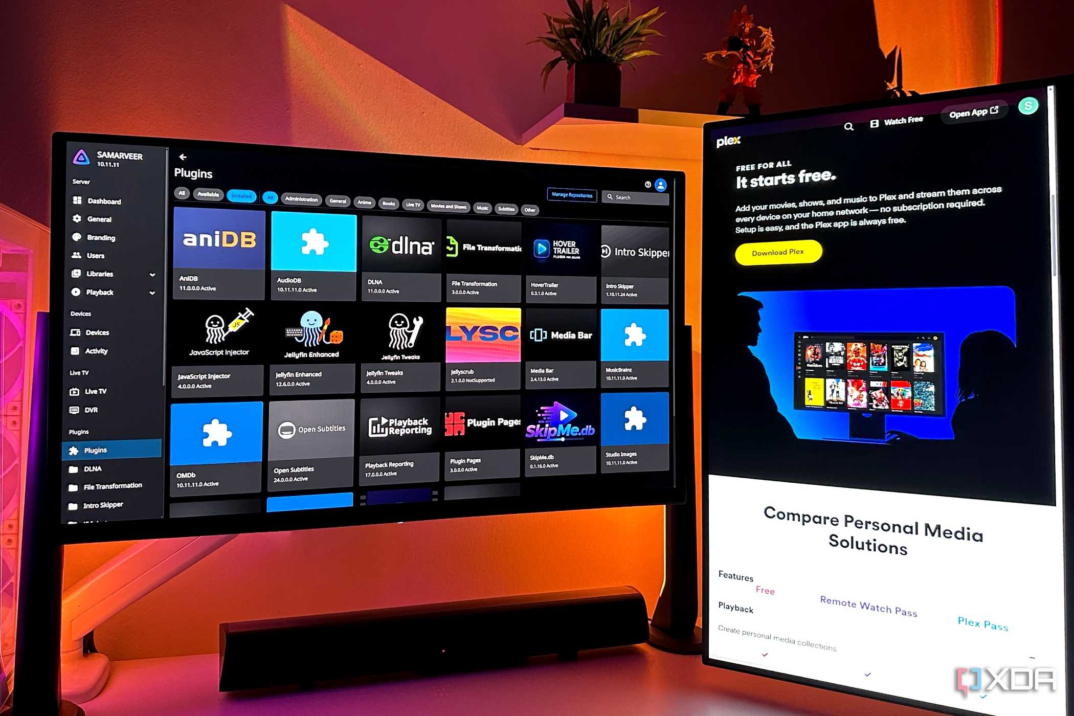 Jellyfin server plugin library and a Plex advert on a dual-monitor PC setup.