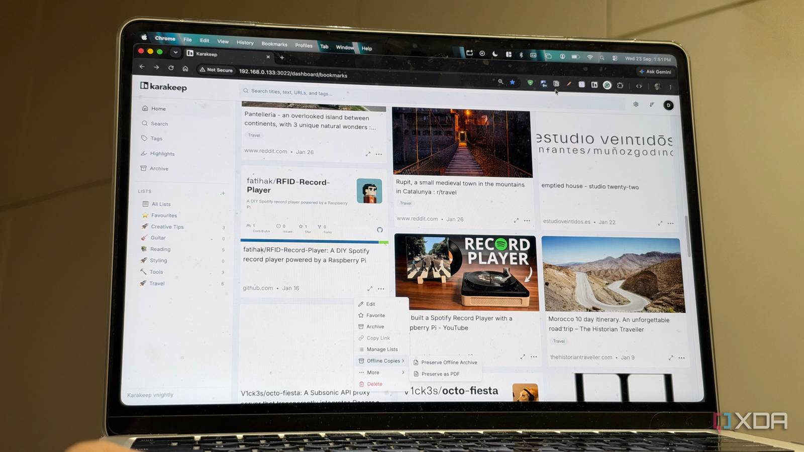 Интерфейс Karakeep на компьютере Mac