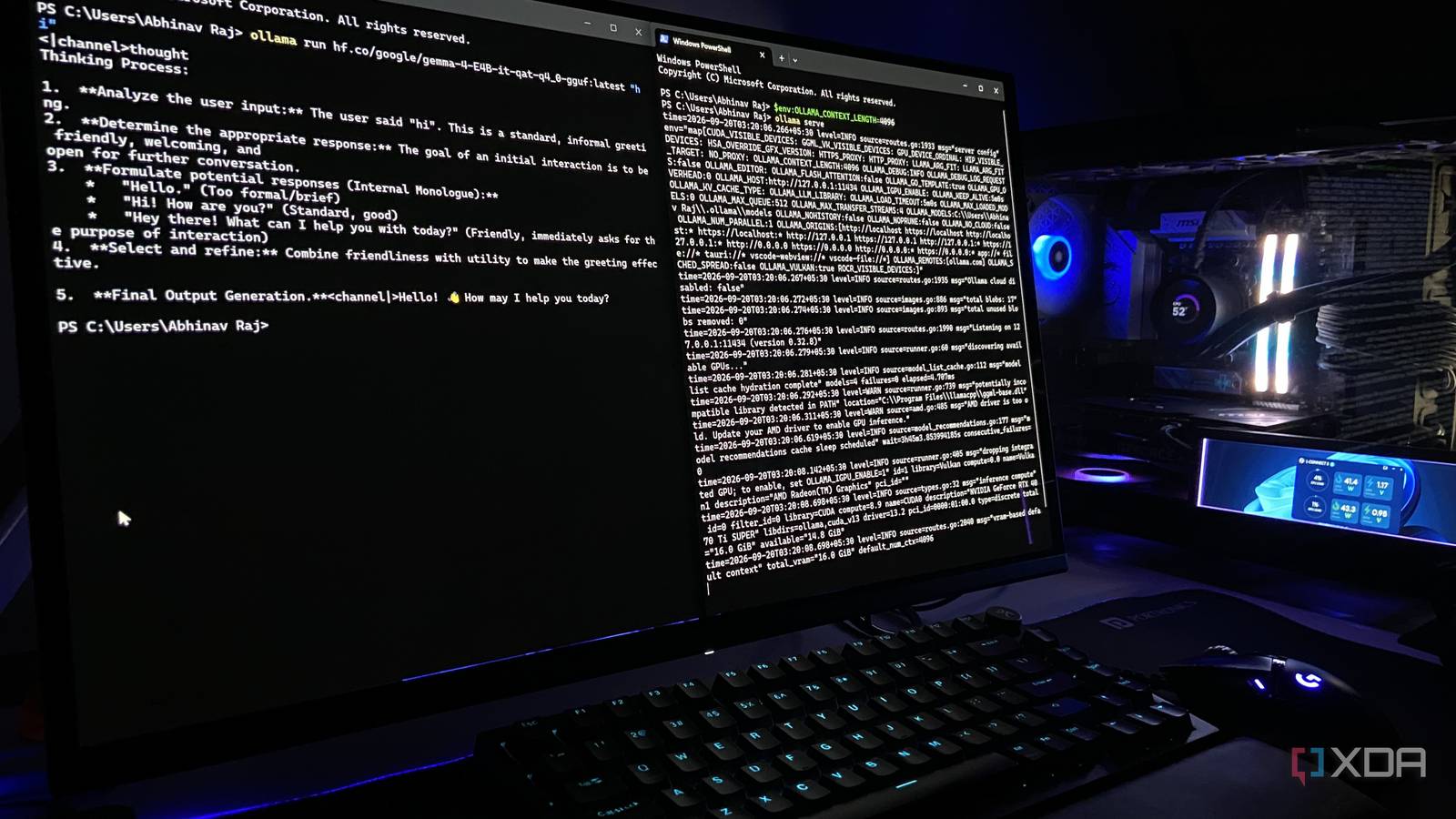 Четыре критических параметра перед загрузкой локальной ИИ-модели ПК с Windows 11, на котором запущена квантованная версия модели Gemma 4 через Ollama